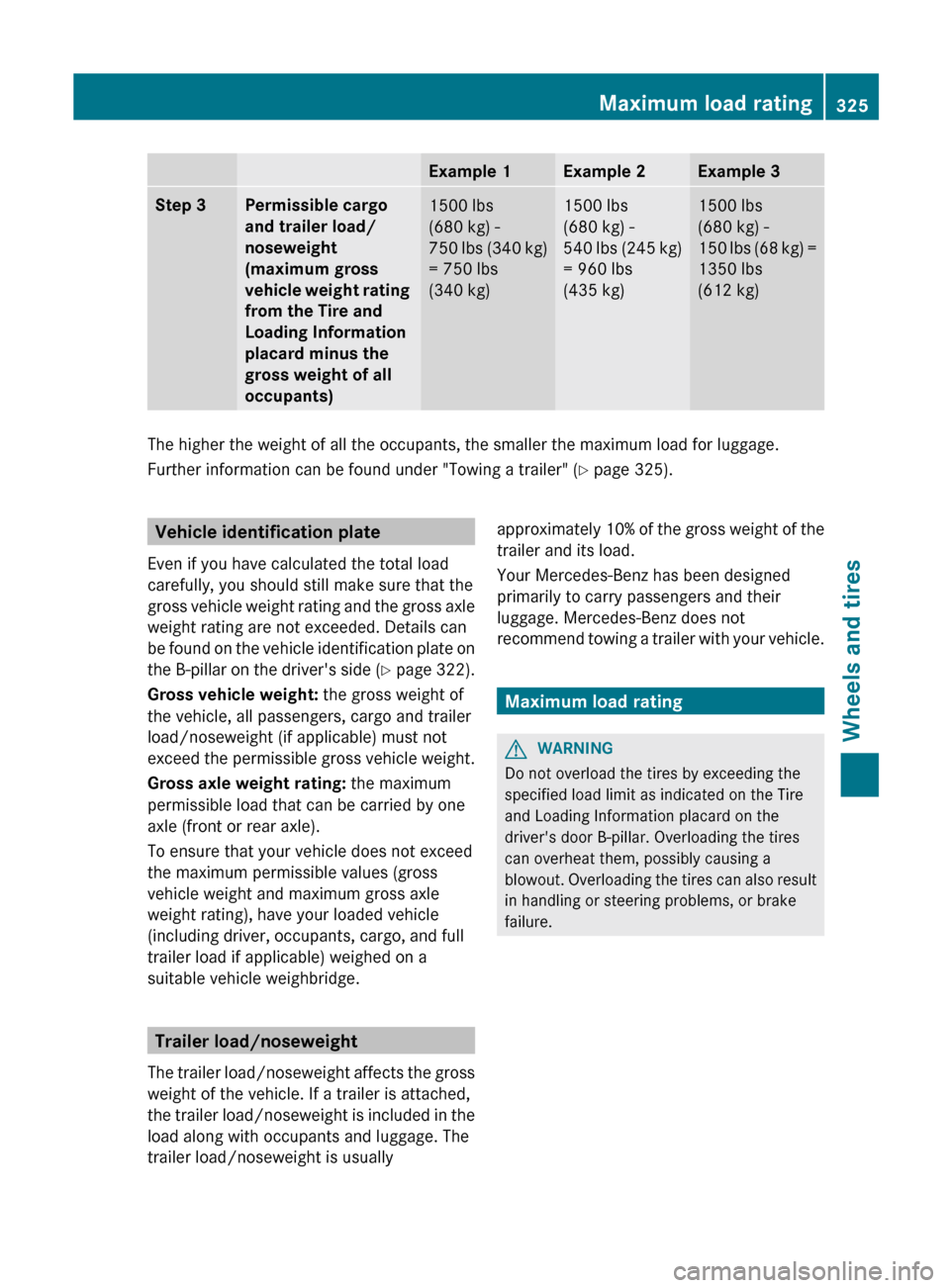 MERCEDES-BENZ C-Class SEDAN 2012 W204 Owners Manual Example 1Example 2Example 3Step 3Permissible cargo 
and trailer load/
noseweight 
(maximum gross 
vehicle weight rating 
from the Tire and 
Loading Information 
placard minus the 
gross weight of all 