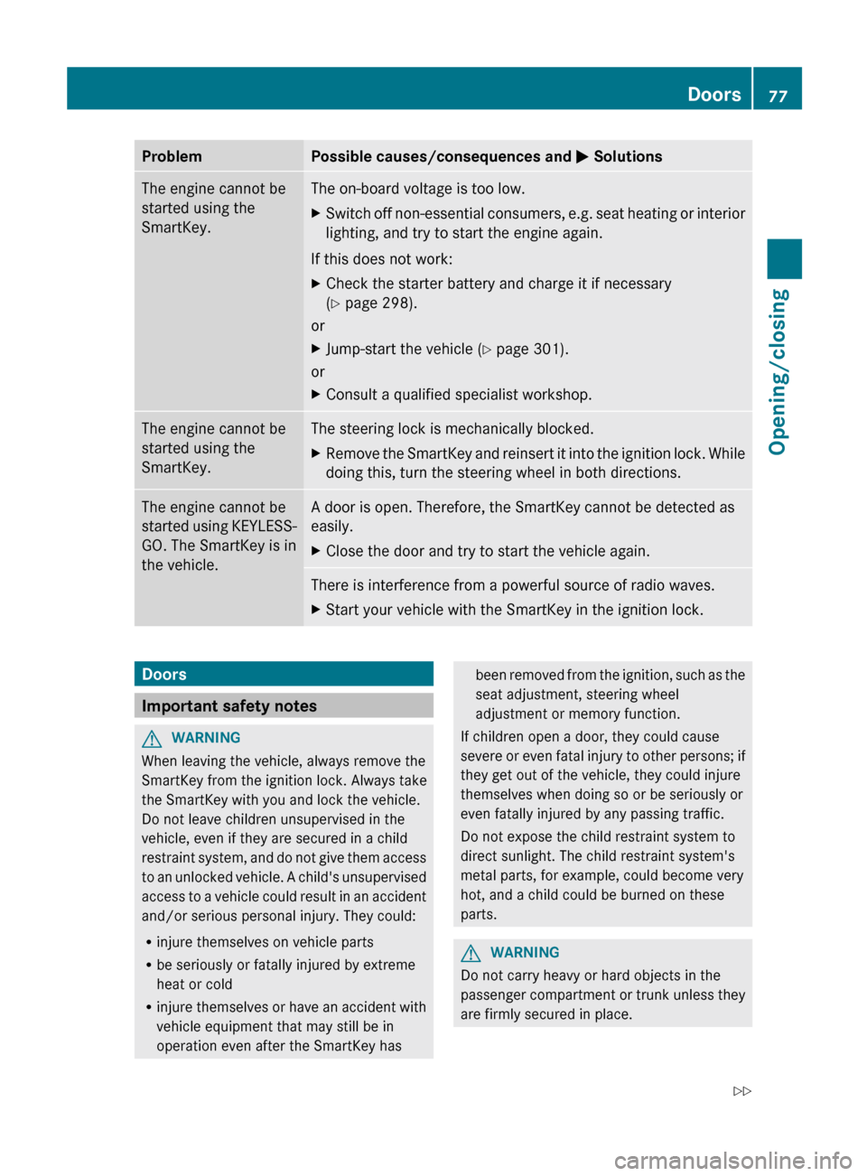 MERCEDES-BENZ C-Class SEDAN 2012 W204 Manual PDF ProblemPossible causes/consequences and M SolutionsThe engine cannot be
started using the
SmartKey.The on-board voltage is too low.XSwitch off non-essential consumers, e.g. seat heating or interior
li