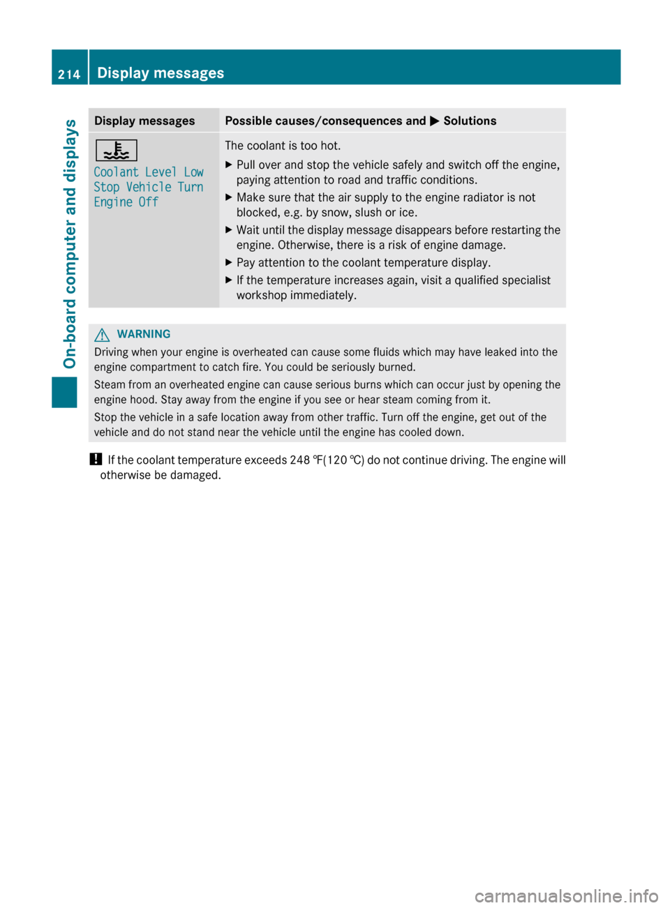 MERCEDES-BENZ C-Class COUPE 2012 CL204 Owners Manual Display messagesPossible causes/consequences and M Solutions?
Coolant Level Low 
Stop Vehicle Turn 
Engine OffThe coolant is too hot.XPull over and stop the vehicle safely and switch off the engine,
p
