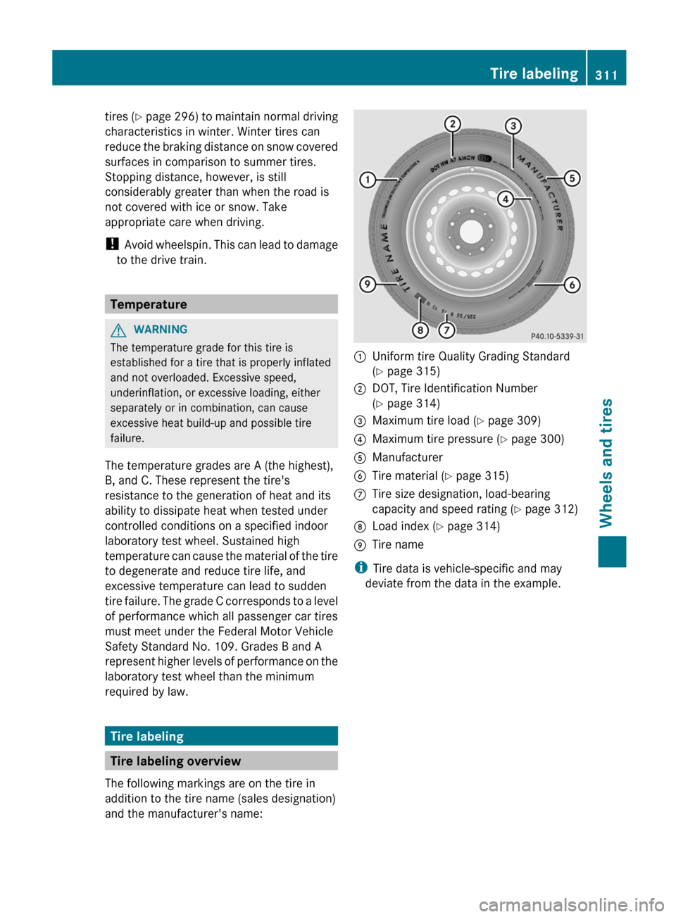 MERCEDES-BENZ C-Class COUPE 2012 CL204 Owners Manual tires (Y page 296) to maintain normal driving
characteristics in winter. Winter tires can
reduce the braking distance on snow covered
surfaces in comparison to summer tires.
Stopping distance, howeve MERCEDES-BENZ C-Class COUPE 2012 CL204 Owners Manual tires (Y page 296) to maintain normal driving
characteristics in winter. Winter tires can
reduce the braking distance on snow covered
surfaces in comparison to summer tires.
Stopping distance, howeve