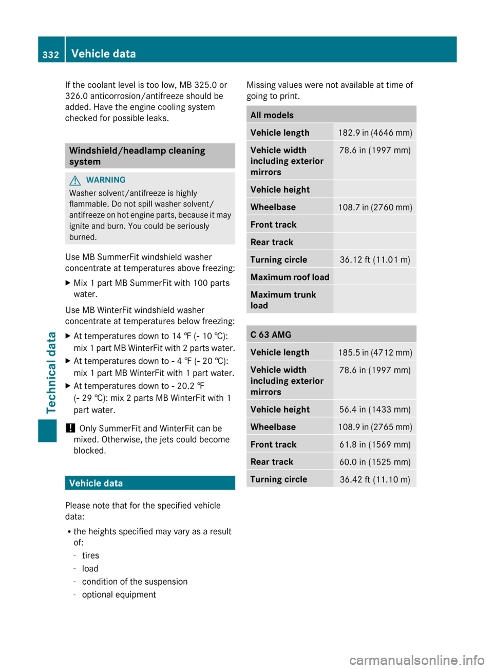 MERCEDES-BENZ C-Class COUPE 2012 CL204 Owners Guide If the coolant level is too low, MB 325.0 or
326.0 anticorrosion/antifreeze should be
added. Have the engine cooling system
checked for possible leaks.
Windshield/headlamp cleaning
system
GWARNING
Was MERCEDES-BENZ C-Class COUPE 2012 CL204 Owners Guide If the coolant level is too low, MB 325.0 or
326.0 anticorrosion/antifreeze should be
added. Have the engine cooling system
checked for possible leaks.
Windshield/headlamp cleaning
system
GWARNING
Was