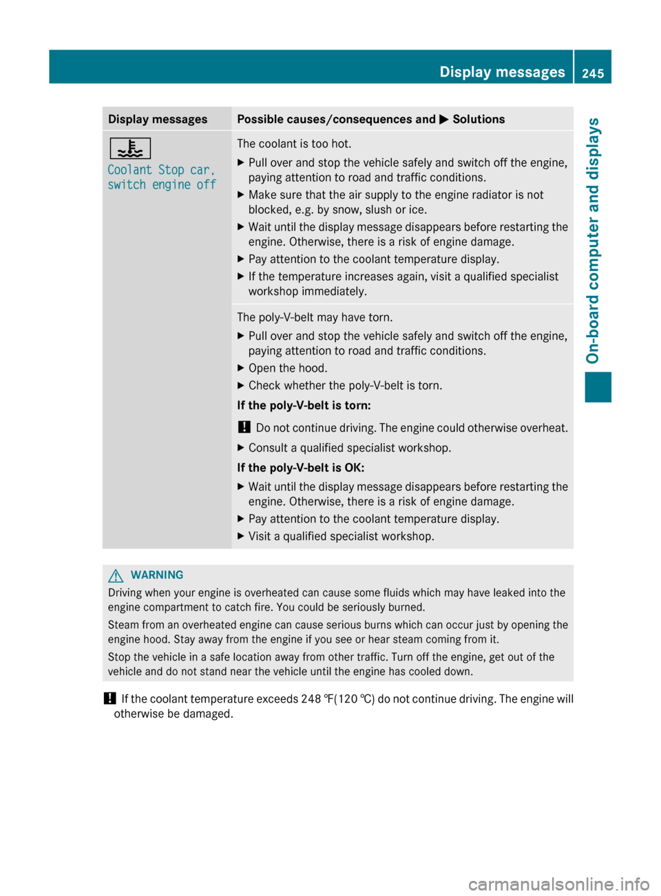 MERCEDES-BENZ GL-Class 2012 X164 Owners Manual Display messagesPossible causes/consequences and M Solutions?
Coolant Stop car, 
switch engine offThe coolant is too hot.XPull over and stop the vehicle safely and switch off the engine,
paying attent