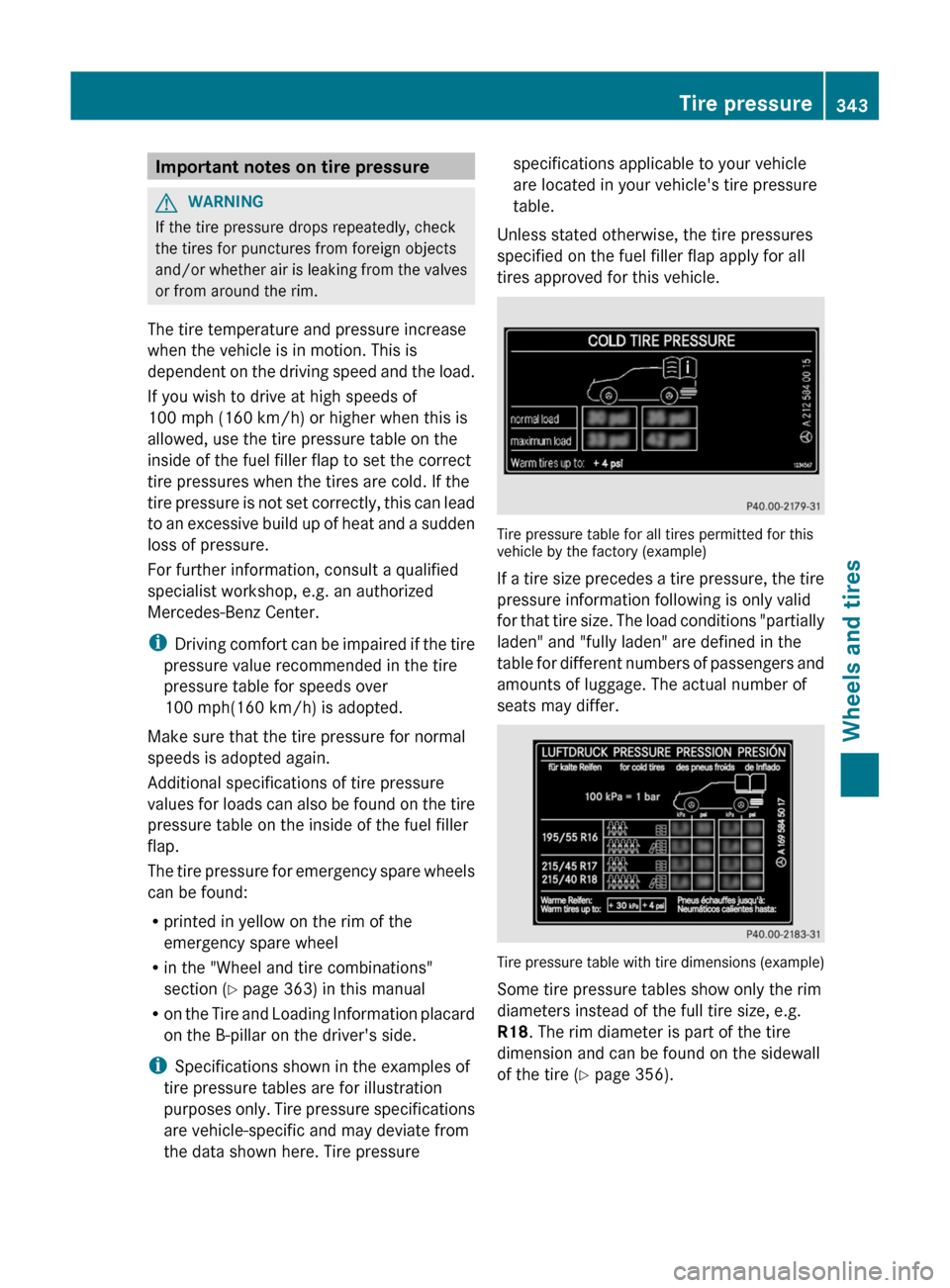 MERCEDES-BENZ GL-Class 2012 X164 Owners Manual Important notes on tire pressureGWARNING
If the tire pressure drops repeatedly, check
the tires for punctures from foreign objects
and/or whether air is leaking from the valves
or from around the rim.