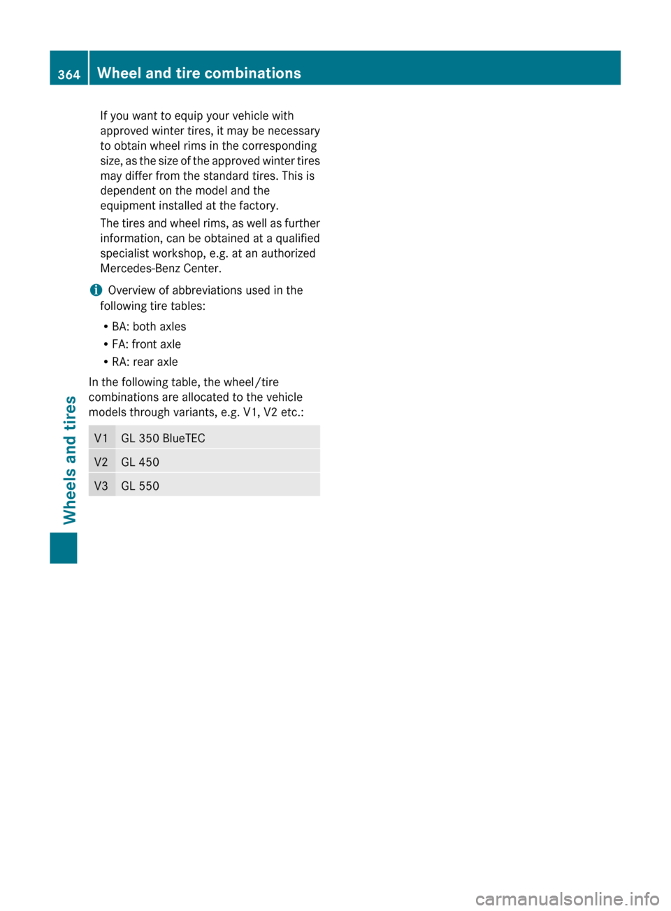 MERCEDES-BENZ GL-Class 2012 X164 Owners Manual If you want to equip your vehicle with
approved winter tires, it may be necessary
to obtain wheel rims in the corresponding
size, as the size of the approved winter tires
may differ from the standard 