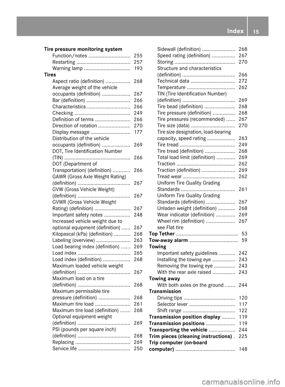 MERCEDES-BENZ SLS AMG COUPE 2013 C197 Owners Manual Tire pressure monitoring system
Function/note s............................. 255
Restarting ...................................... 257
Warning lamp ................................. 193
Tires
Aspect r