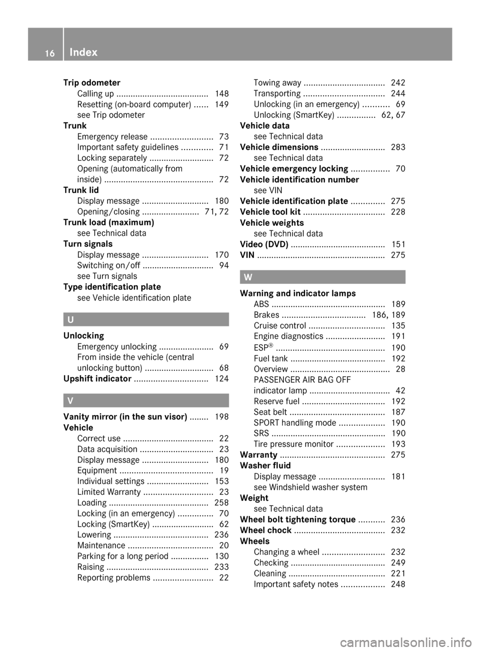 MERCEDES-BENZ SLS AMG ROADSTER 2013 C197 User Guide Trip odometer
Calling up ....................................... 148
Resetting (on-board computer) ......149
see Trip odometer
Trunk
Emergency release ..........................73
Important safety gui