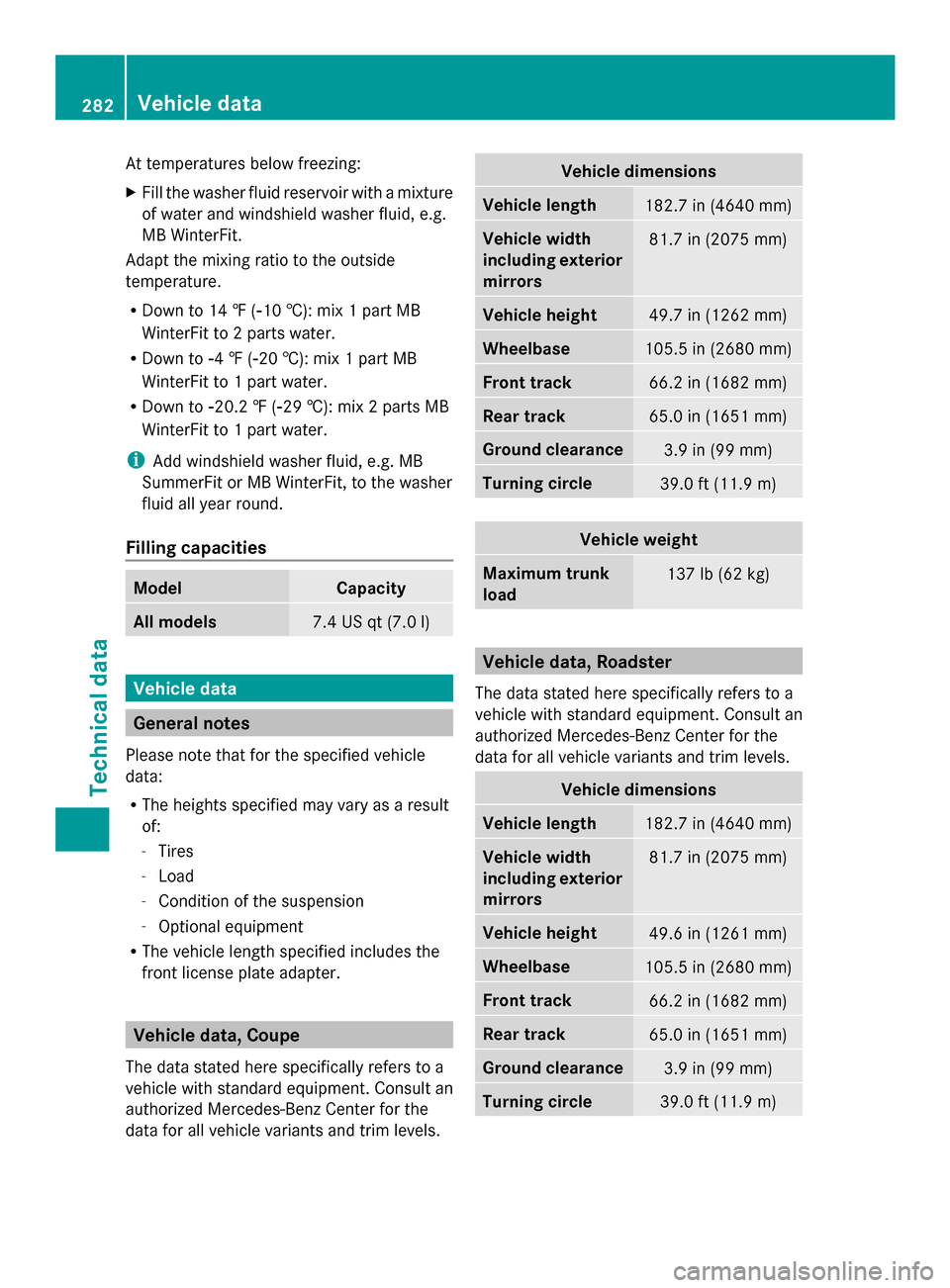 MERCEDES-BENZ SLS AMG COUPE 2013 C197 Owners Manual At temperatures below freezing:
X
Fill the washer fluid reservoir with a mixture
of water and windshield washer fluid, e.g.
MB WinterFit.
Adapt the mixing ratio to the outside
temperature.
R Down to 1 MERCEDES-BENZ SLS AMG COUPE 2013 C197 Owners Manual At temperatures below freezing:
X
Fill the washer fluid reservoir with a mixture
of water and windshield washer fluid, e.g.
MB WinterFit.
Adapt the mixing ratio to the outside
temperature.
R Down to 1