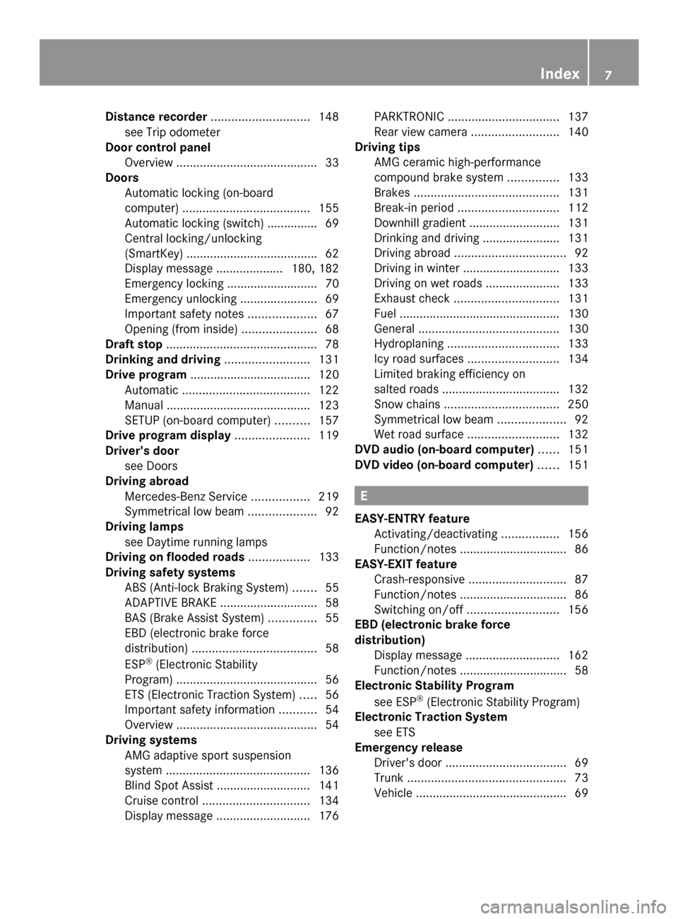 MERCEDES-BENZ SLS AMG COUPE 2013 C197 Owners Manual Distance recorder
............................. 148
see Trip odometer
Door control panel
Overview .......................................... 33
Doors
Automatic locking (on-board
computer) ............