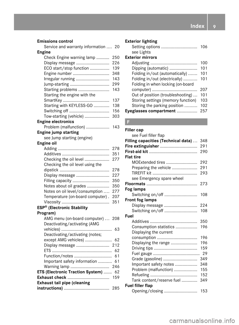 MERCEDES-BENZ SLK-Class 2013 R172 Owners Manual Emissions control
Service and warranty information ....20
Engine
Check Engine warning lamp ........... 250
Display message ............................ 226
ECO start/stop function ................139
