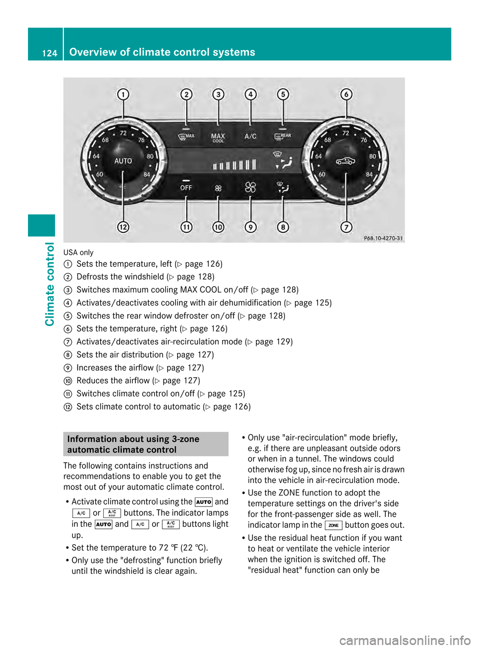 MERCEDES-BENZ SLK-Class 2013 R172 Owners Manual USA only
0003
Sets the temperature, left (Y page 126)
0004 Defrosts the windshield (Y page 128)
0024 Switches maximum cooling MAX COOL on/off (Y page 128)
0023 Activates/deactivates cooling with air d