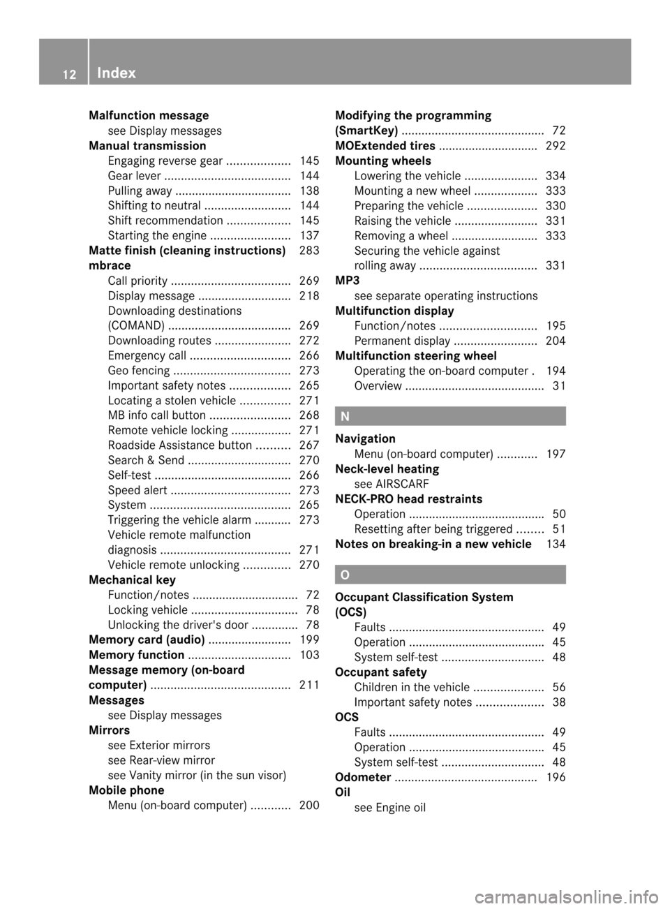 MERCEDES-BENZ SLK-Class 2013 R172 Owners Manual Malfunction message
see Display messages
Manual transmission
Engaging reverse gear. ..................145
Gea rlever ...................................... 144
Pulling away ...........................