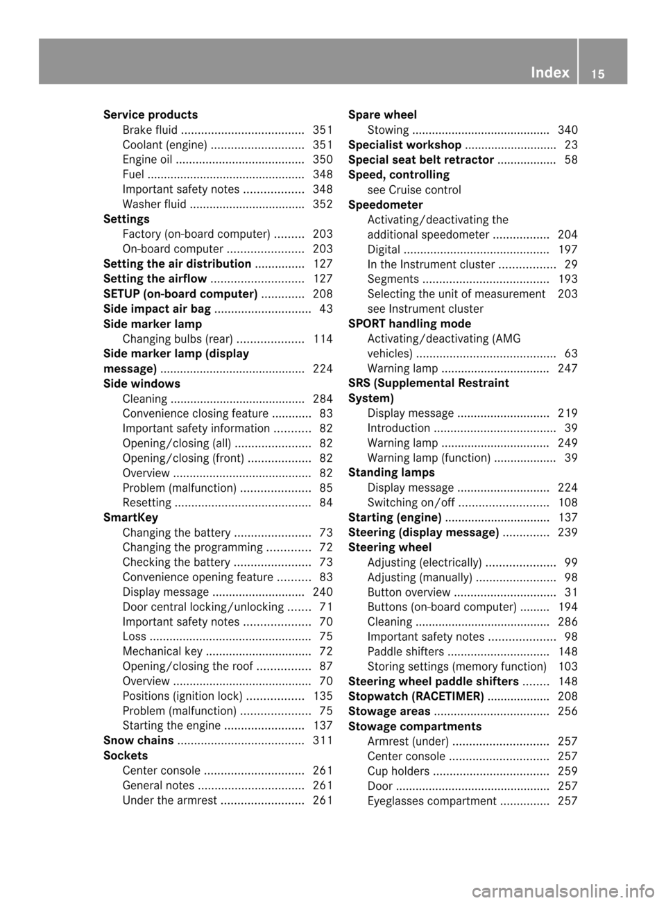 MERCEDES-BENZ SLK-Class 2013 R172 Owners Manual Service products
Brake fluid ..................................... 351
Coolant (engine) ............................ 351
Engine oil ....................................... 350
Fuel ...................