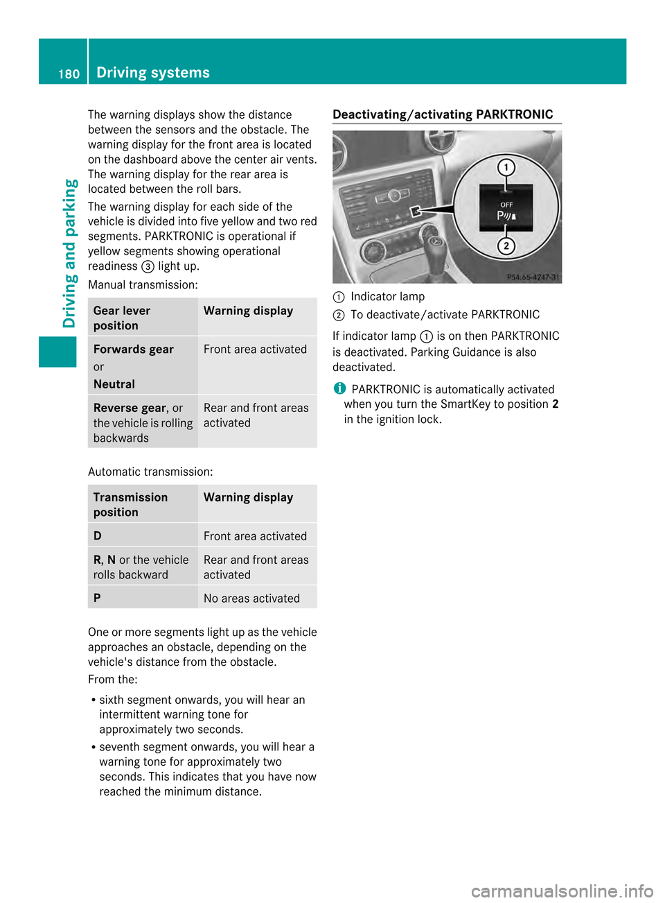 MERCEDES-BENZ SLK-Class 2013 R172 Owners Manual The warning displays show the distance
between the sensors and the obstacle. The
warning display for the fronta rea is located
on the dashboard above the center air vents.
The warning display for the MERCEDES-BENZ SLK-Class 2013 R172 Owners Manual The warning displays show the distance
between the sensors and the obstacle. The
warning display for the fronta rea is located
on the dashboard above the center air vents.
The warning display for the