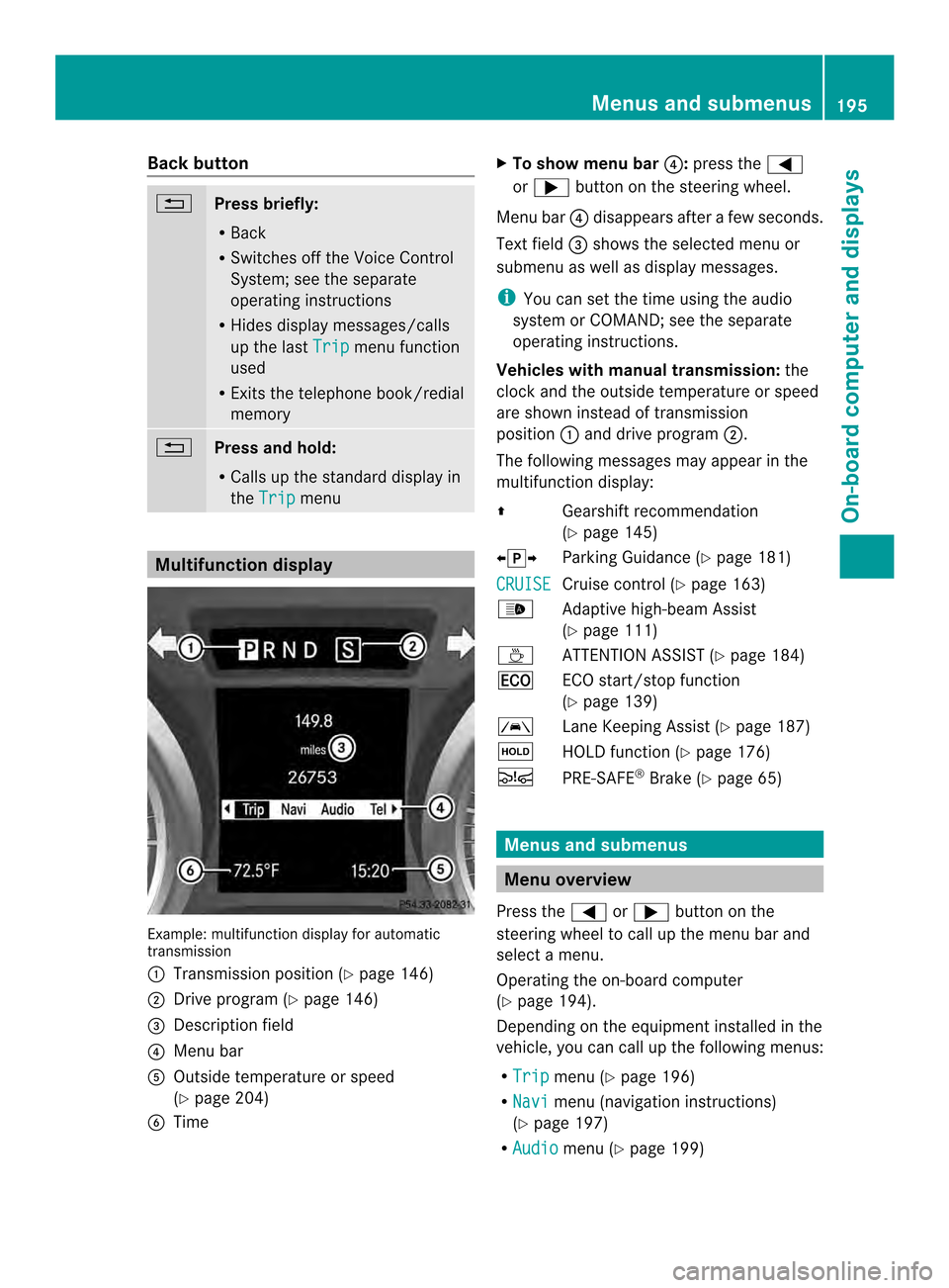 MERCEDES-BENZ SLK-Class 2013 R172 Owners Manual Back button
0007
Press briefly:
R
Back
R Switches off the Voice Control
System; see the separate
operating instructions
R Hides display messages/calls
up the last Trip menu function
used
R Exits the t MERCEDES-BENZ SLK-Class 2013 R172 Owners Manual Back button
0007
Press briefly:
R
Back
R Switches off the Voice Control
System; see the separate
operating instructions
R Hides display messages/calls
up the last Trip menu function
used
R Exits the t