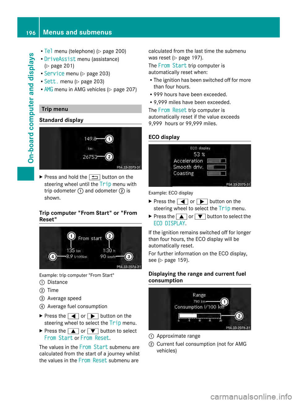 MERCEDES-BENZ SLK-Class 2013 R172 Owners Manual R
Tel menu (telephone) (Y
page 200)
R DriveAssist menu (assistance)
(Y page 201)
R Service menu (Y
page 203)
R Sett. menu (Y
page 203)
R AMG menu in AMG vehicles (Y
page 207)Trip menu
Standard display