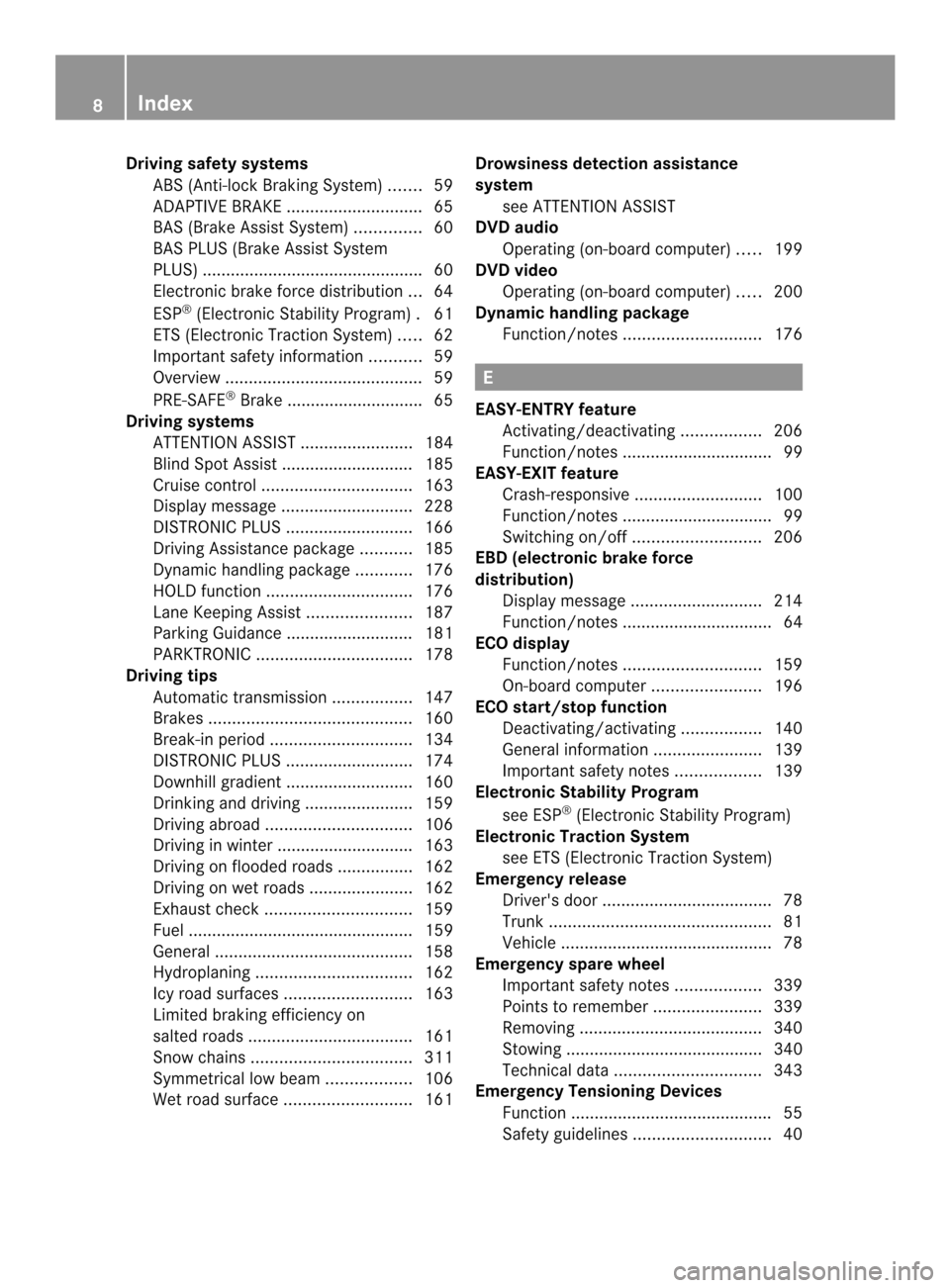 MERCEDES-BENZ SLK-Class 2013 R172 Owners Manual Driving safet
ysystems
ABS (Anti-lock Braking System) .......59
ADAPTIVE BRAKE ............................. 65
BAS (Brake Assist System) ..............60
BAS PLUS (Brake Assist System
PLUS) .........