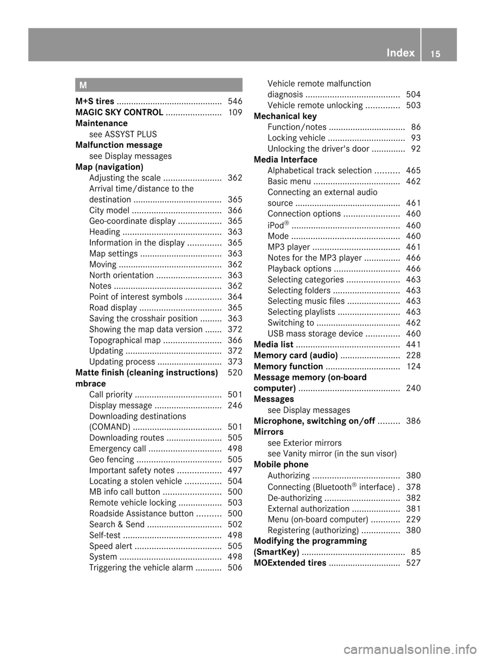 MERCEDES-BENZ SL-Class 2013 R131 Owners Manual M
M+S tires ............................................ 546
MAGIC SKY CONTROL .......................109
Maintenance see ASSYST PLUS
Malfunction message
see Display messages
Map (navigation)
Adjustin