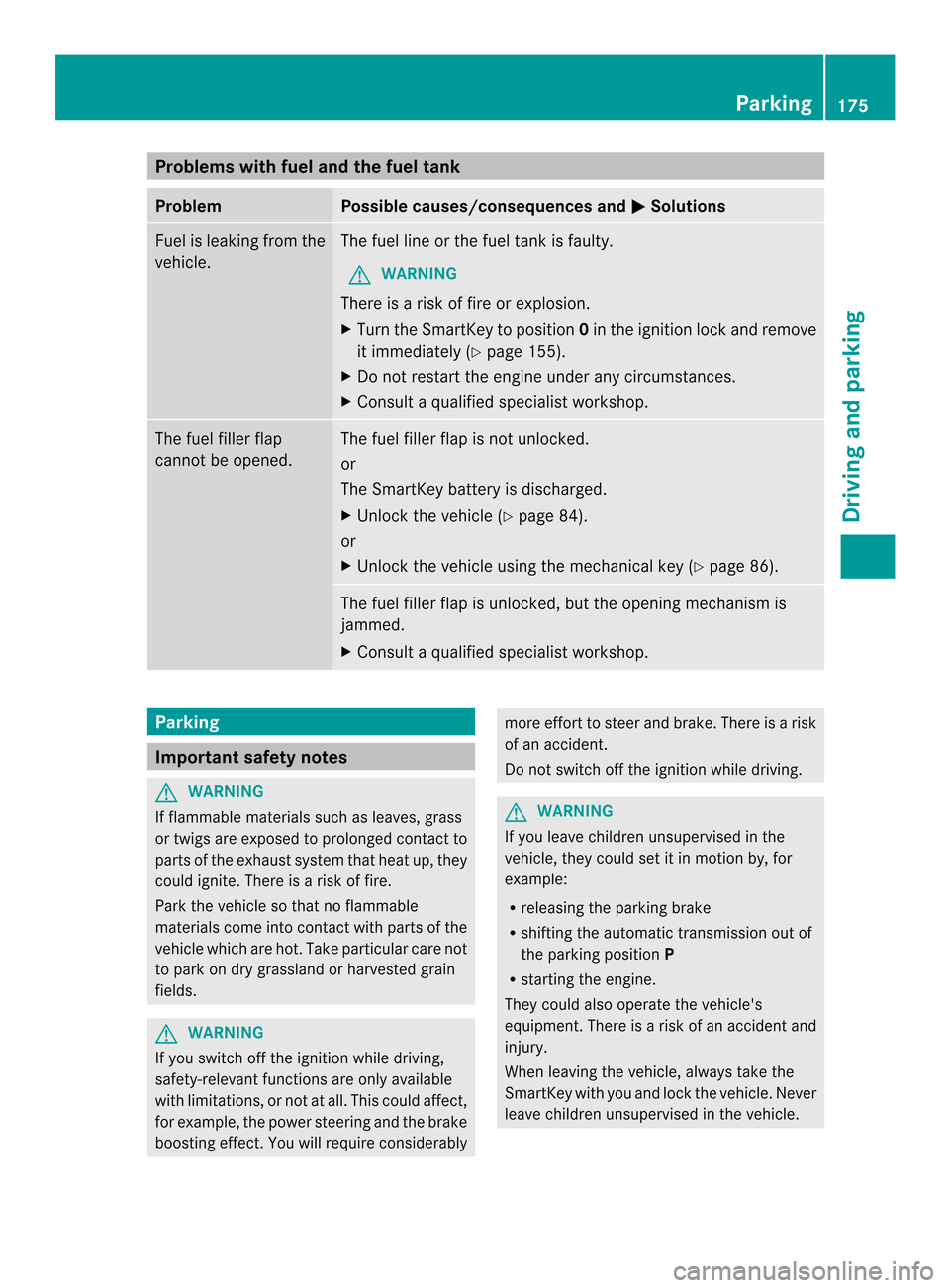 MERCEDES-BENZ SL-Class 2013 R131 Owners Manual Problems with fuel and the fuel tank
Problem Possible causes/consequences and
0003 Solutions
Fuel is leaking from the
vehicle. The fuel line or the fuel tank is faulty.
G WARNING
There is a risk of fi MERCEDES-BENZ SL-Class 2013 R131 Owners Manual Problems with fuel and the fuel tank
Problem Possible causes/consequences and
0003 Solutions
Fuel is leaking from the
vehicle. The fuel line or the fuel tank is faulty.
G WARNING
There is a risk of fi