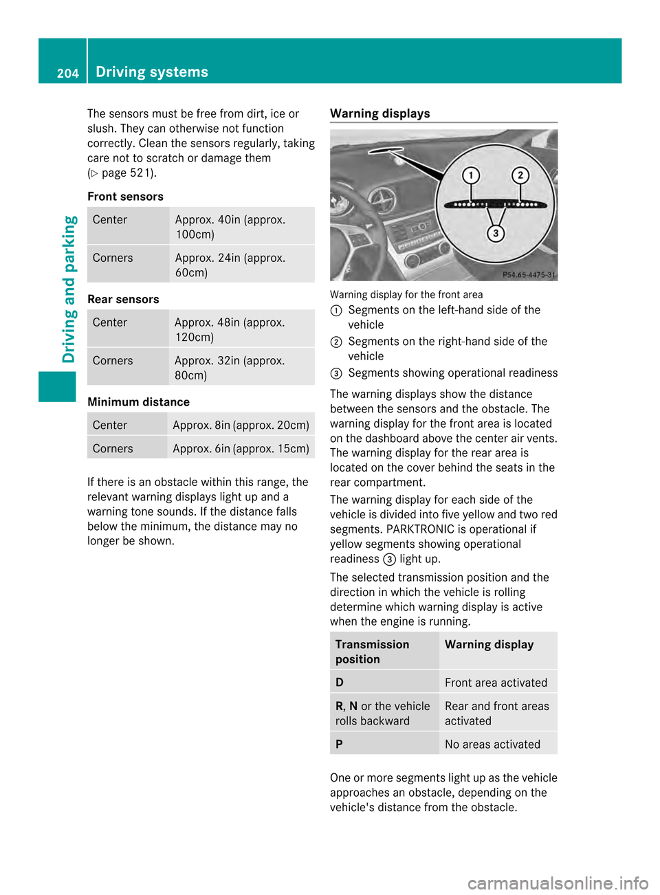 MERCEDES-BENZ SL-Class 2013 R131 Owners Guide The sensors must be free from dirt, ice or
slush. They can otherwise not function
correctly. Clean the sensors regularly, taking
care not to scratch or damage them
(Y
page 521).
Front sensors Center A MERCEDES-BENZ SL-Class 2013 R131 Owners Guide The sensors must be free from dirt, ice or
slush. They can otherwise not function
correctly. Clean the sensors regularly, taking
care not to scratch or damage them
(Y
page 521).
Front sensors Center A