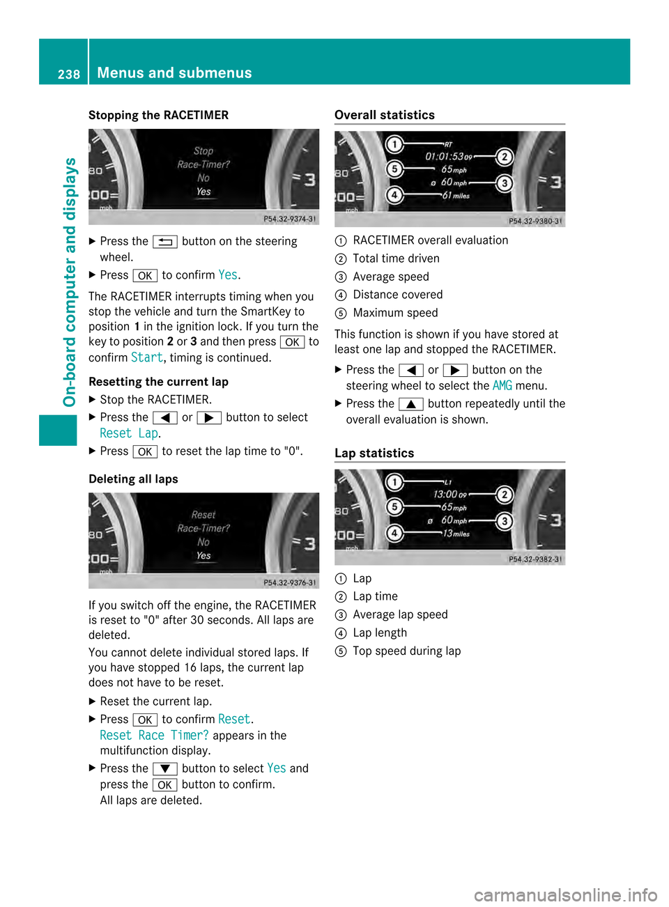 MERCEDES-BENZ SL-Class 2013 R131 Owners Manual Stopping the RACETIMER
X
Press the 001Fbutton on the steering
wheel.
X Press 000Fto confirm Yes .
The RACETIMER interrupts timing when you
stop the vehicle and turn the SmartKey to
position 1in the ig