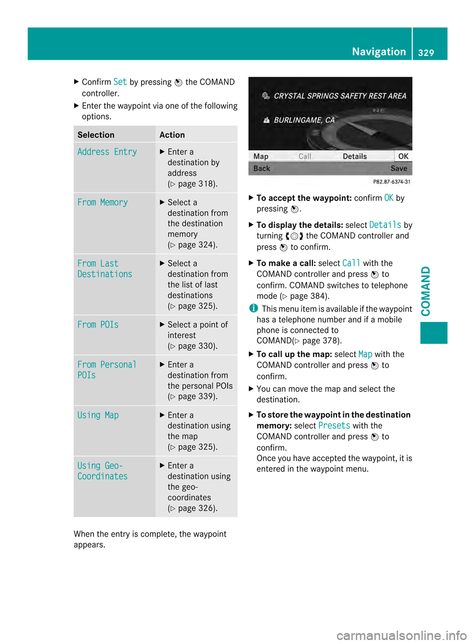 MERCEDES-BENZ SL-Class 2013 R131 Owners Manual X
Confirm Set by pressing
0039the COMAND
controller.
X Ente rthe waypoint via one of the following
options. Selection Action
Address Entry X
Enter a
destination by
address
(Y page 318). From Memory X
