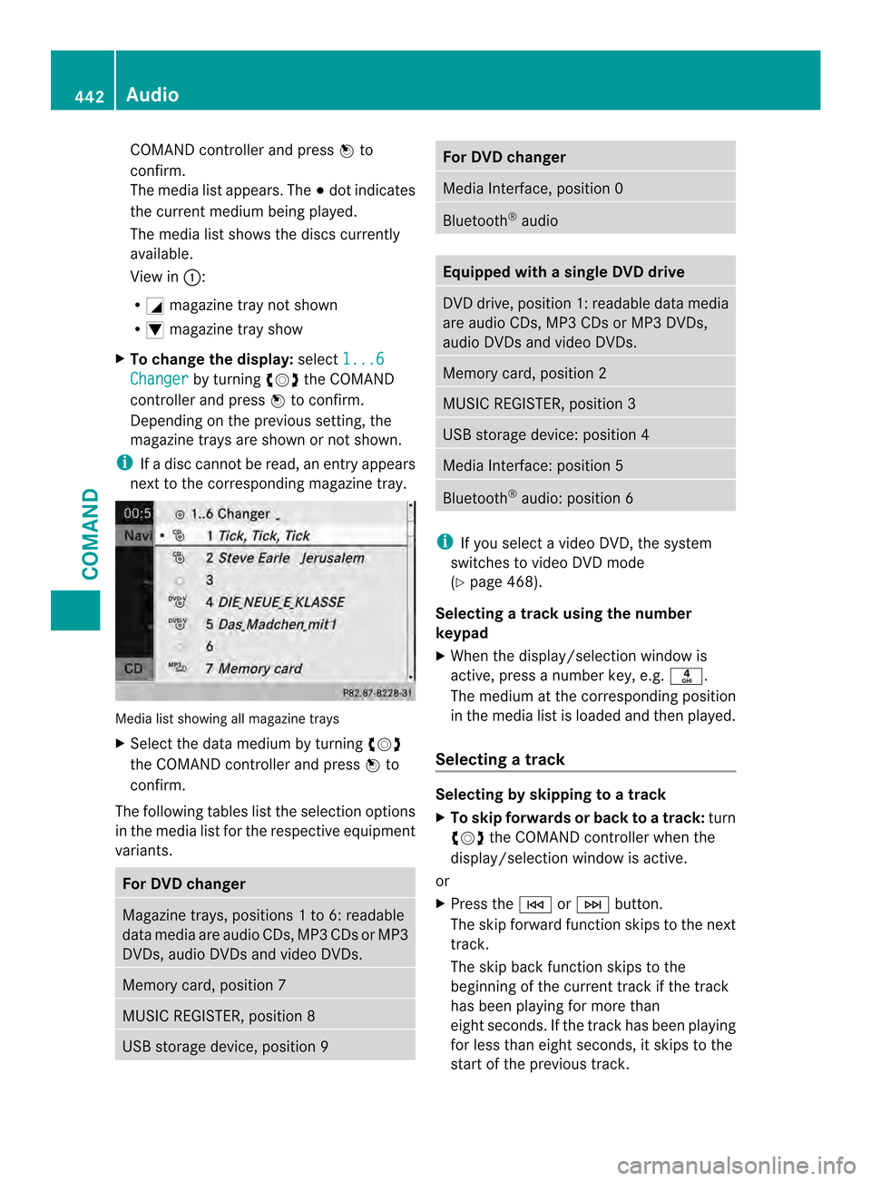 MERCEDES-BENZ SL-Class 2013 R131 Owners Manual COMAND controller and press
0039to
confirm.
The media list appears. The 0021dot indicates
the curren tmedium being played.
The media list shows the discs currently
available.
View in 0002:
R 0002 maga