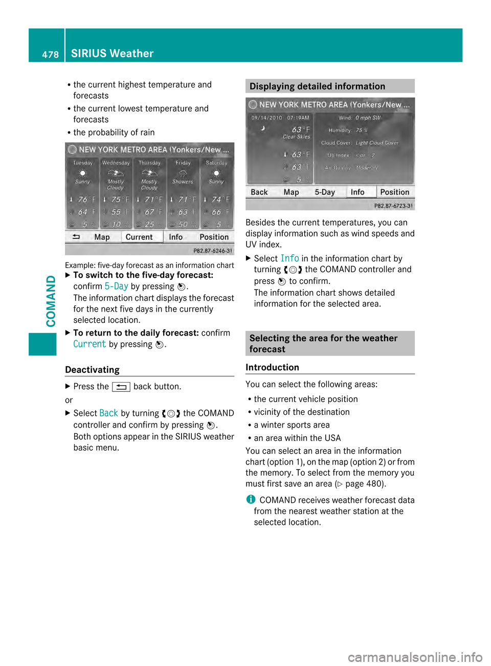 MERCEDES-BENZ SL-Class 2013 R131 Owners Manual R
the current highes ttemperature and
forecasts
R the current lowest temperature and
forecasts
R the probability of rain Example: five-day forecast as an information chart
X
To switch to the five-day 