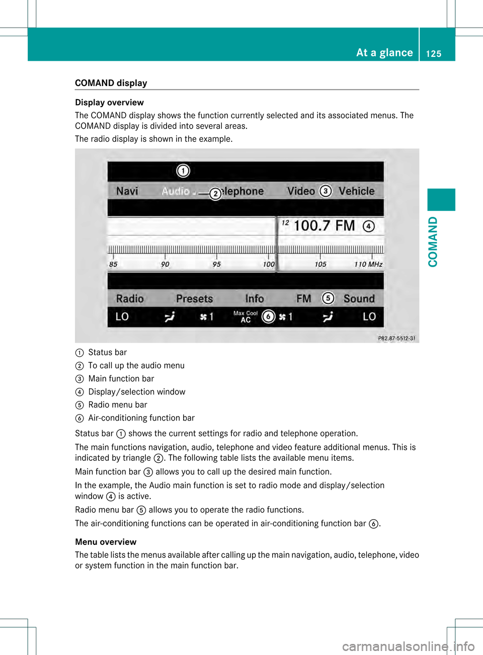 MERCEDES-BENZ S-Class 2013 W221 Owners Manual COMAND display
Display overview
The COMAND display shows the function currently selecte
dand its associated menus. The
COMAND display is divided into several areas.
The radio display is shown in the e