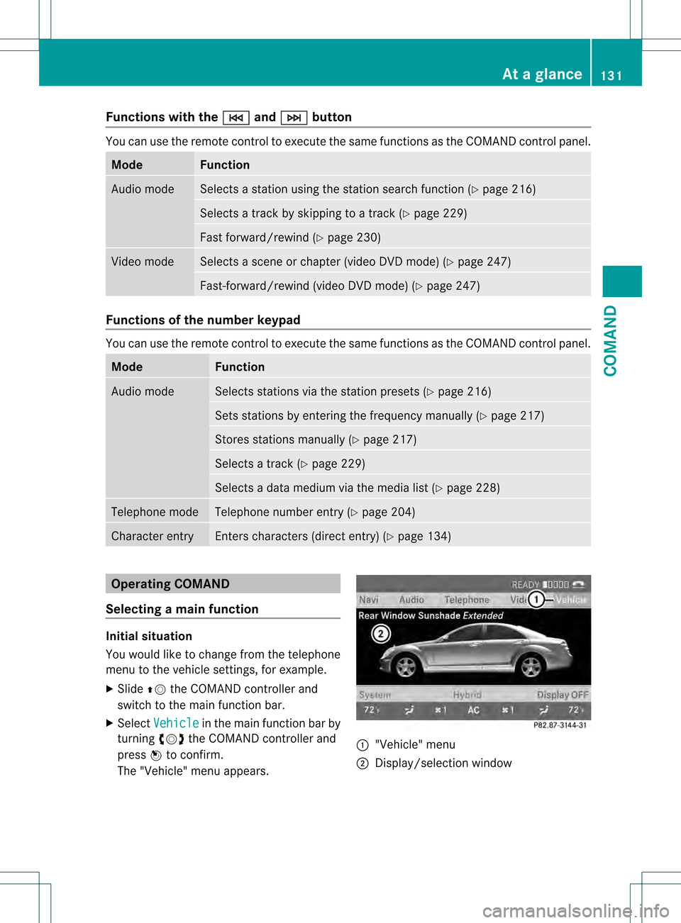 MERCEDES-BENZ S-Class 2013 W221 Owners Manual Functions with the
0001 and
0002 button
You can use the remote control to execute the same functions as the COMAND control panel.
Mode Function
Audio mode Selects a station using th
estation search fu MERCEDES-BENZ S-Class 2013 W221 Owners Manual Functions with the
0001 and
0002 button
You can use the remote control to execute the same functions as the COMAND control panel.
Mode Function
Audio mode Selects a station using th
estation search fu