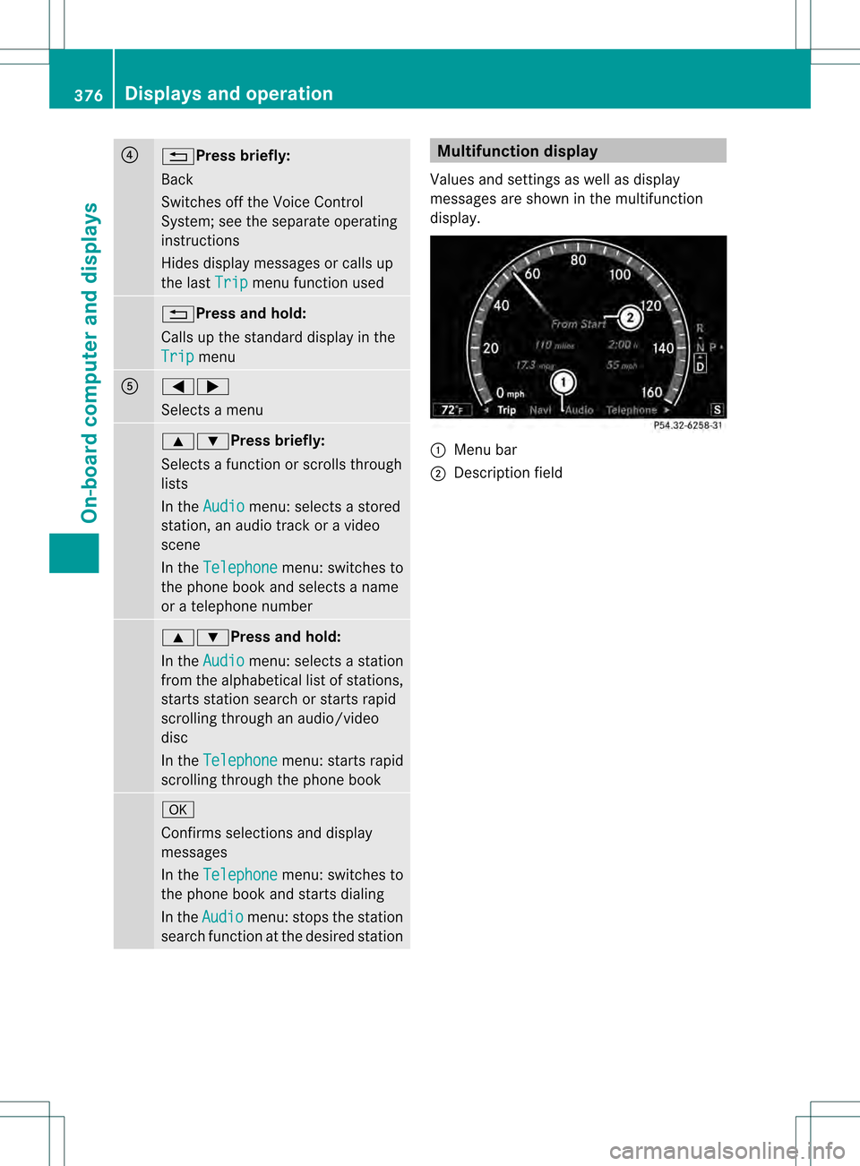 MERCEDES-BENZ S-Class 2013 W221 Owners Manual 0025
0001Press briefly:
Back
Switches off the Voice Control
System; see the separate operating
instructions
Hides display messages or calls up
the last
Trip menu function used
0001Press and hold:
Call