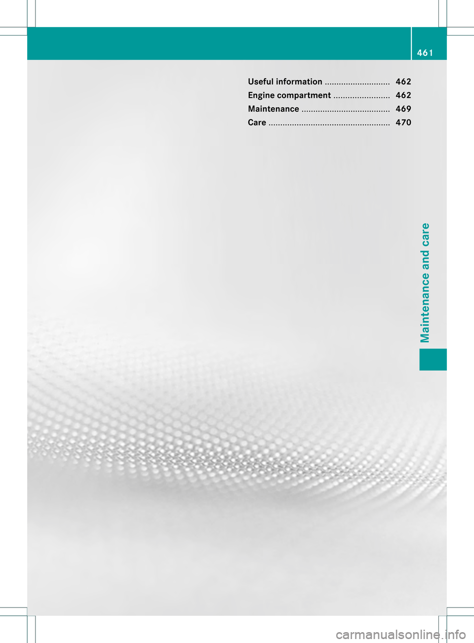 MERCEDES-BENZ S-Class 2013 W221 Owners Manual Useful information
............................462
Engine compartment ........................462
Maintenance ...................................... 469
Care ..........................................