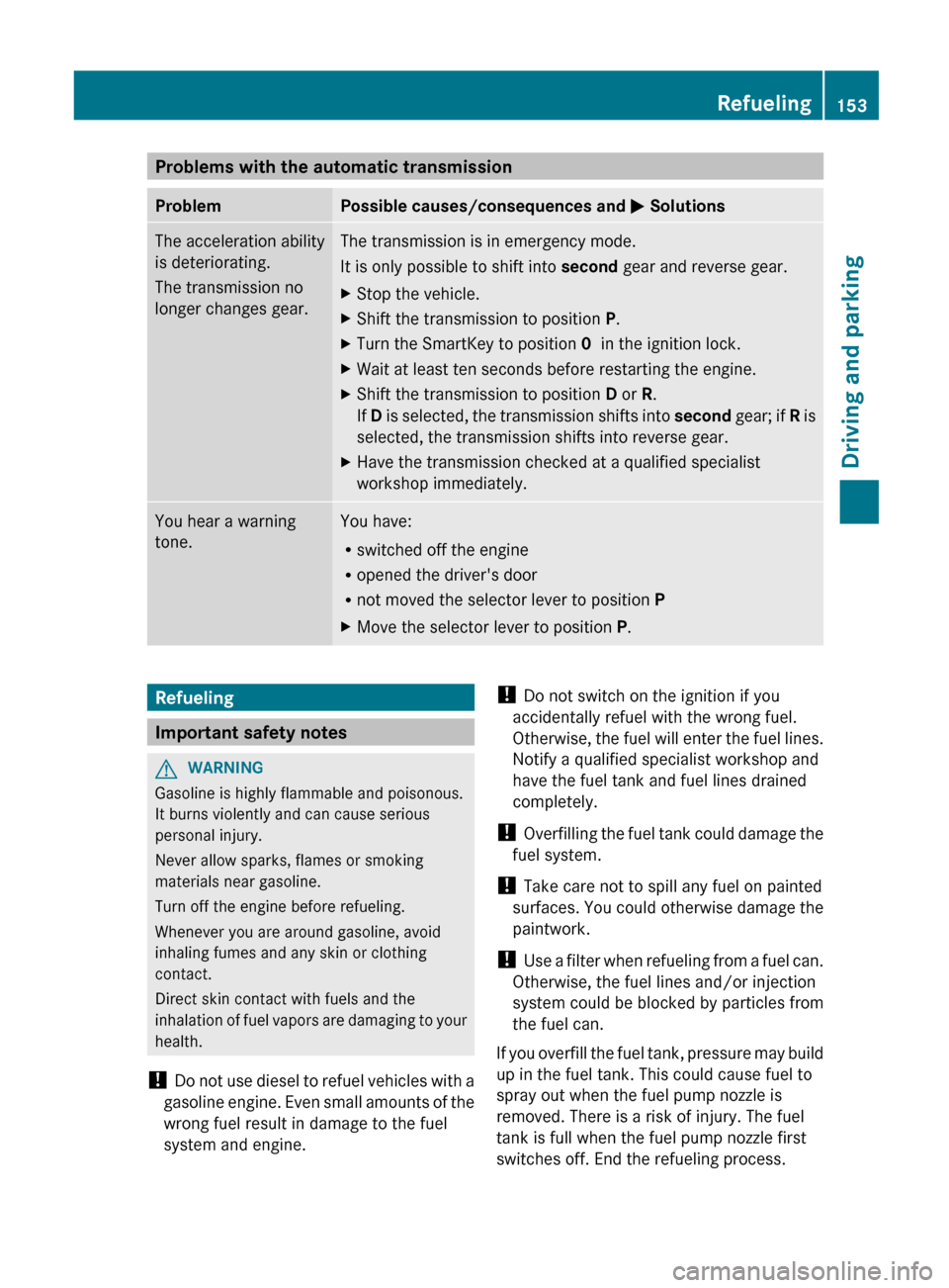 MERCEDES-BENZ G-Class 2013 W463 User Guide Problems with the automatic transmission
Problem Possible causes/consequences and
M SolutionsThe acceleration ability
is deteriorating.
The transmission no
longer changes gear. The transmission is in MERCEDES-BENZ G-Class 2013 W463 User Guide Problems with the automatic transmission
Problem Possible causes/consequences and
M SolutionsThe acceleration ability
is deteriorating.
The transmission no
longer changes gear. The transmission is in