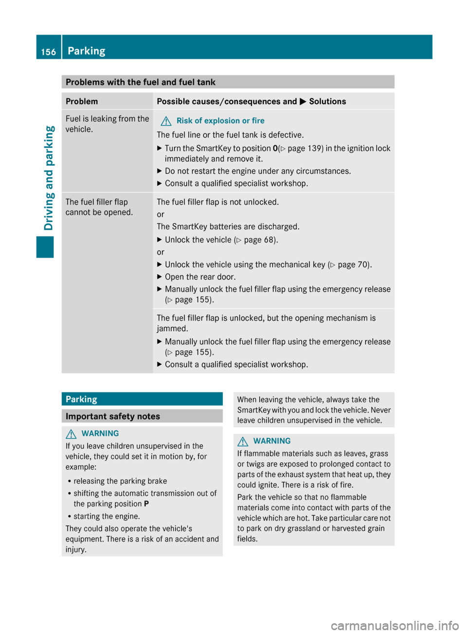MERCEDES-BENZ G-Class 2013 W463 Owners Manual Problems with the fuel and fuel tank
Problem Possible causes/consequences and
M SolutionsFuel is leaking from the
vehicle.
G
Risk of explosion or fire
The fuel line or the fuel tank is defective.
X T MERCEDES-BENZ G-Class 2013 W463 Owners Manual Problems with the fuel and fuel tank
Problem Possible causes/consequences and
M SolutionsFuel is leaking from the
vehicle.
G
Risk of explosion or fire
The fuel line or the fuel tank is defective.
X T