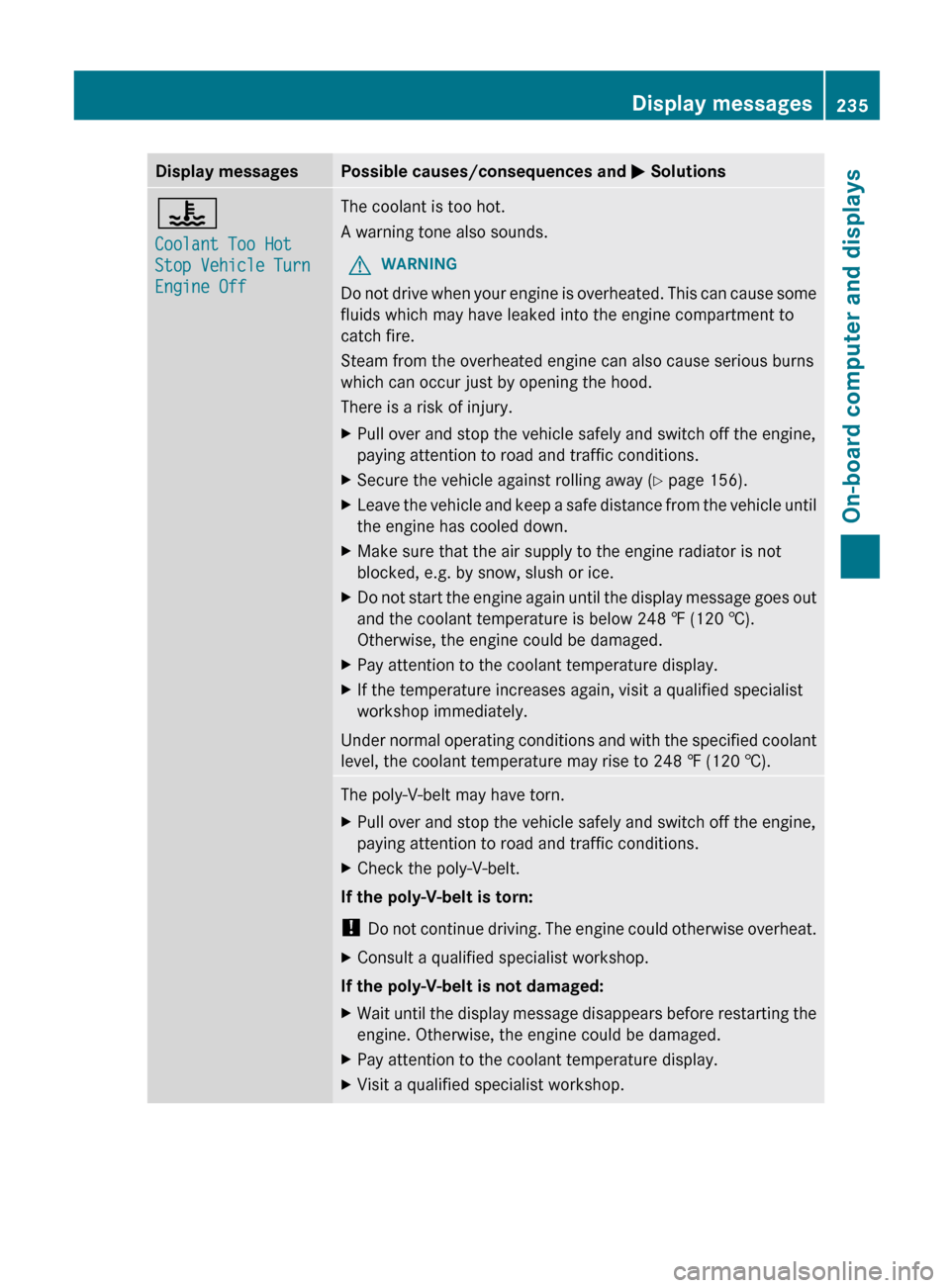 MERCEDES-BENZ G-Class 2013 W463 Owners Guide Display messages Possible causes/consequences and 
M Solutions?
Coolant Too Hot 
Stop Vehicle Turn 
Engine Off The coolant is too hot.
A warning tone also sounds.
G WARNING
Do not drive when your engi