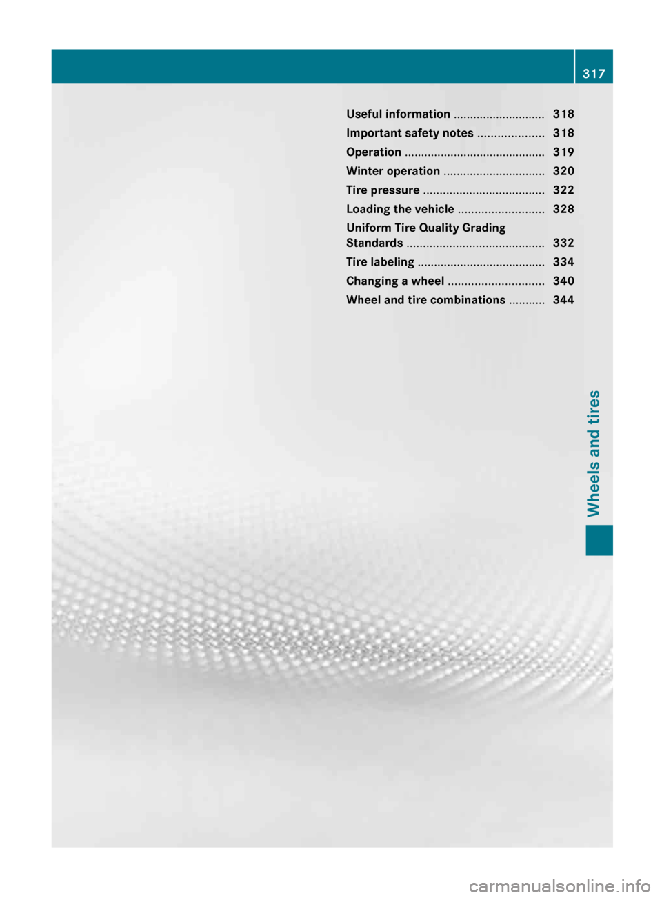 MERCEDES-BENZ G-Class 2013 W463 Owners Manual Useful information ............................
318
Important safety notes  ....................318
Operation ........................................... 319
Winter operation .........................