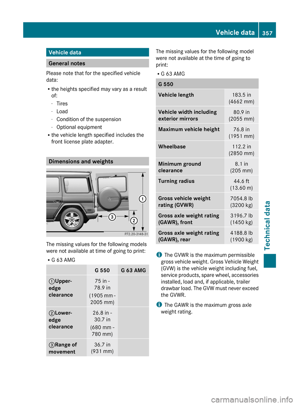 MERCEDES-BENZ G-Class 2013 W463 Owners Manual Vehicle data
General notes
Please note that for the specified vehicle
data:
R the heights specified may vary as a result
of:
-Tires
- Load
- Condition of the suspension
- Optional equipment
R the vehi