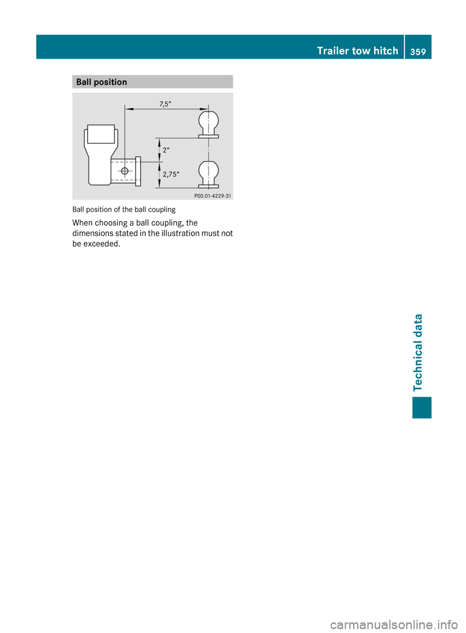 MERCEDES-BENZ G-Class 2013 W463 Owners Manual Ball position
Ball position of the ball coupling
When choosing a ball coupling, the
dimensions
stated in the illustration must not
be exceeded. Trailer tow hitch
359
Technical data Z MERCEDES-BENZ G-Class 2013 W463 Owners Manual Ball position
Ball position of the ball coupling
When choosing a ball coupling, the
dimensions
stated in the illustration must not
be exceeded. Trailer tow hitch
359
Technical data Z