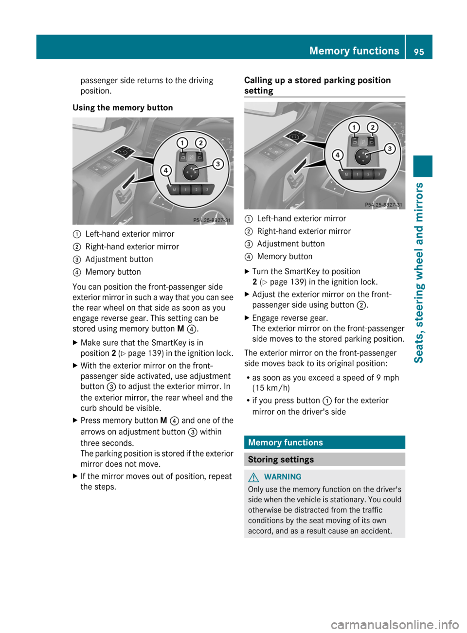 MERCEDES-BENZ G-Class 2013 W463 Owners Manual passenger side returns to the driving
position.
Using the memory button :
Left-hand exterior mirror
; Right-hand exterior mirror
= Adjustment button
? Memory button
You can position the front-passenge