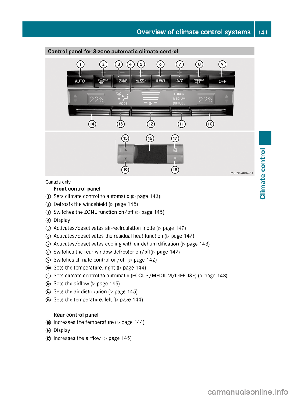 MERCEDES-BENZ E-Class SEDAN 2013 W212 Owners Manual Control panel for 3-zone automatic climate control
Canada only
Front control panel
: Sets climate control to automatic (Y page 143)
; Defrosts the windshield ( Y page 145)
= Switches the ZONE function