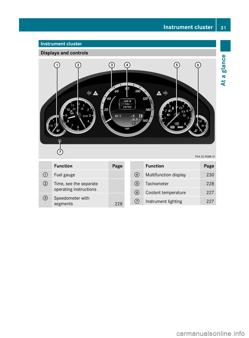 MERCEDES-BENZ E-Class WAGON 2013 W212 Owners Manual Instrument cluster
Displays and controls
Function Page
:
Fuel gauge
;
Time, see the separate
operating instructions
=
Speedometer with
segments
228 Function Page
?
Multifunction display 230
A
Tachomet