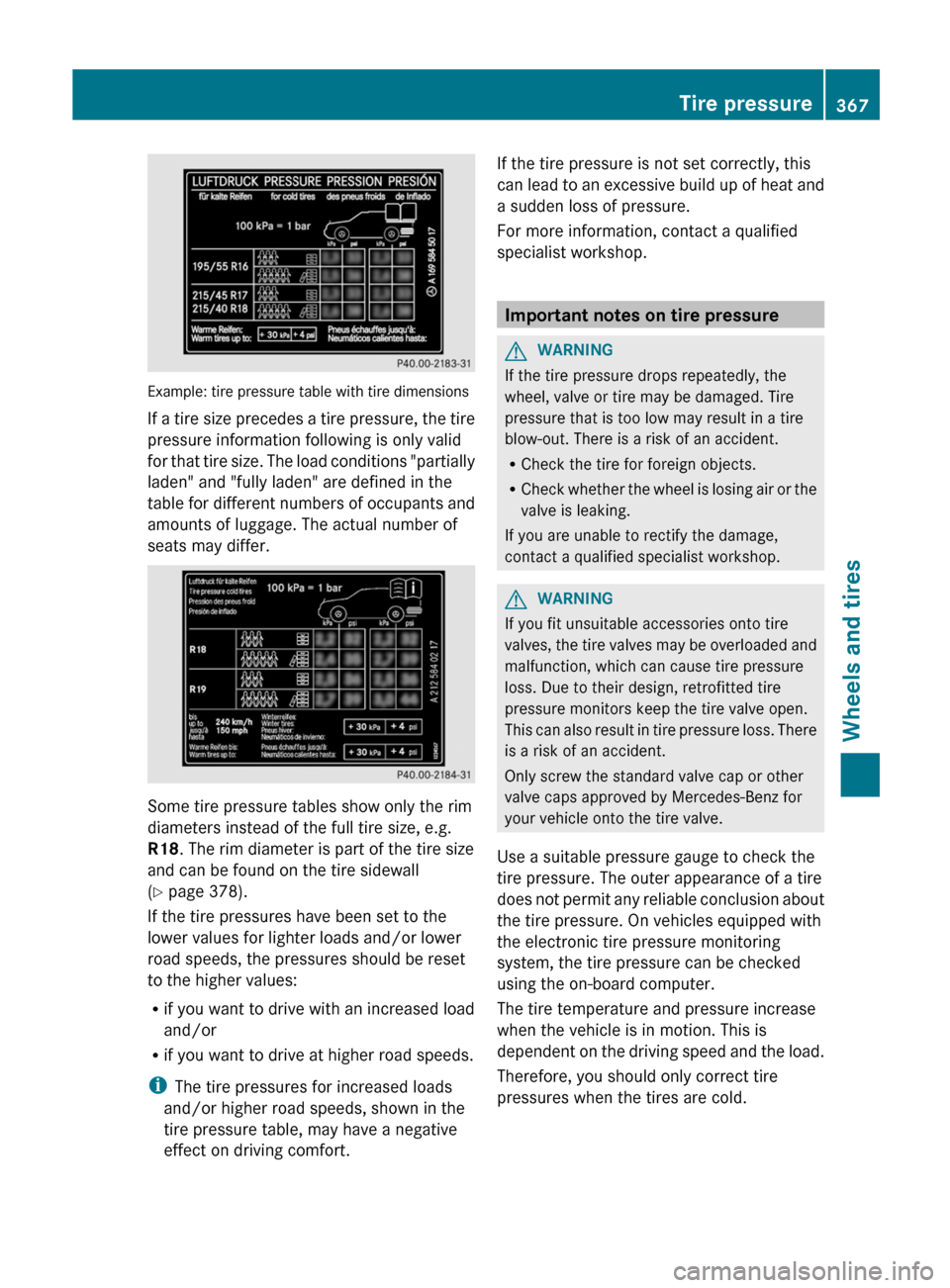 MERCEDES-BENZ E-Class SEDAN 2013 W212 Owners Manual Example: tire pressure table with tire dimensions
If 
a tire size precedes a tire pressure, the tire
pressure information following is only valid
for that tire size. The load conditions "partially
lad