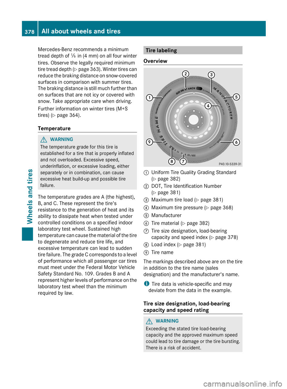 MERCEDES-BENZ E-Class SEDAN 2013 W212 User Guide Mercedes-Benz recommends a minimum
tread 
depth of  ã in (4 mm) on all four winter
tires. Observe the legally required minimum
tire tread depth (Y page 363). Winter tires can
reduce the braking dista