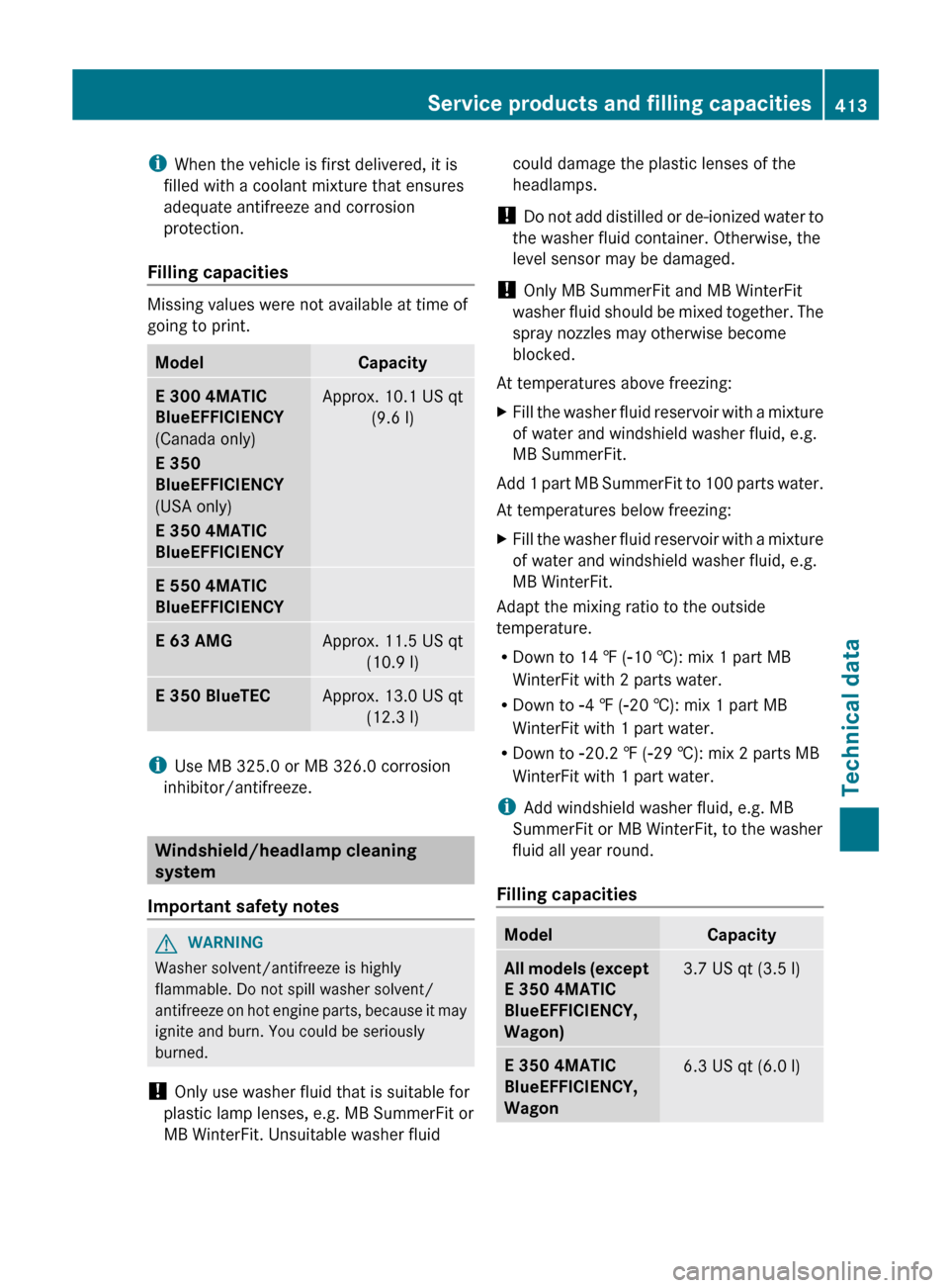 MERCEDES-BENZ E-Class WAGON 2013 W212 Owners Manual i
When the vehicle is first delivered, it is
filled with a coolant mixture that ensures
adequate antifreeze and corrosion
protection.
Filling capacities Missing values were not available at time of
go MERCEDES-BENZ E-Class WAGON 2013 W212 Owners Manual i
When the vehicle is first delivered, it is
filled with a coolant mixture that ensures
adequate antifreeze and corrosion
protection.
Filling capacities Missing values were not available at time of
go