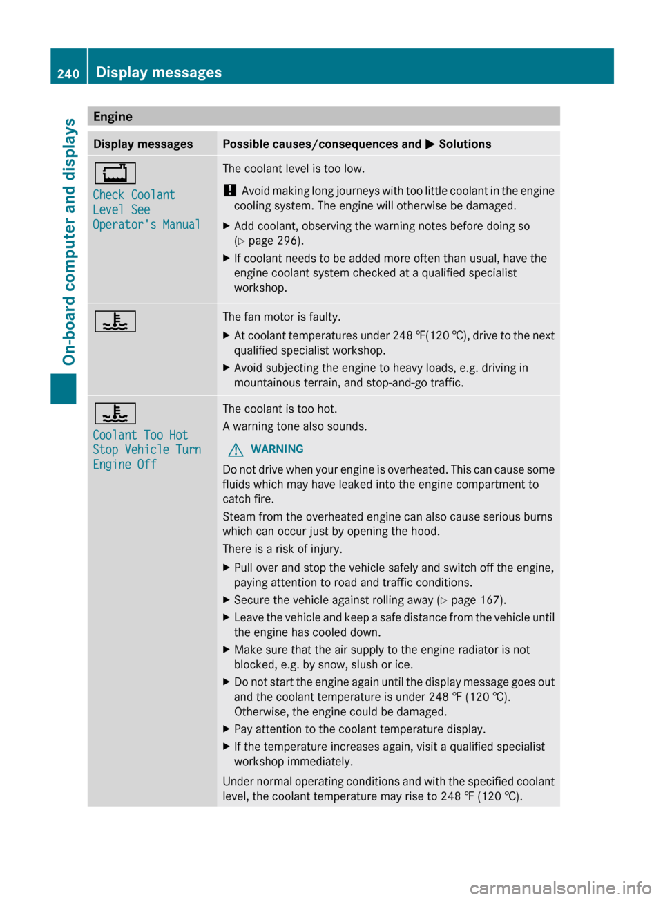 MERCEDES-BENZ E-Class COUPE 2013 C207 Owners Manual Engine
Display messages Possible causes/consequences and 
M Solutions+
Check Coolant 
Level See 
Operators Manual The coolant level is too low.
! 
Avoid 
making long journeys with too little coolant 