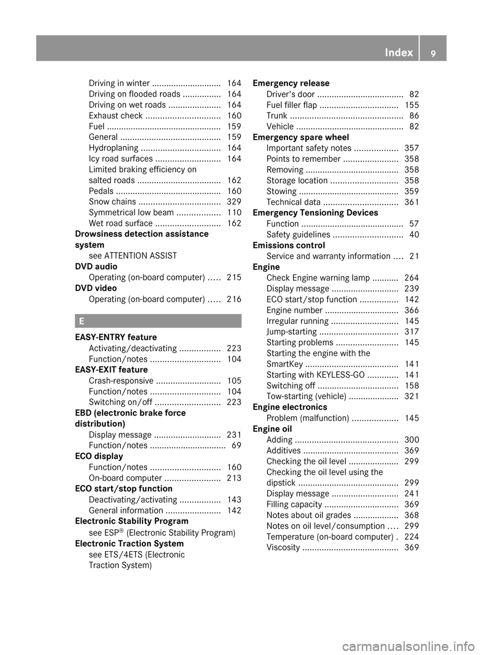 MERCEDES-BENZ CLS-Class 2013 W218 Owners Manual Driving in winter ............................. 164
Driving on flooded roads 
................164
Driving on wet roads ...................... 164
Exhaust check
 ............................... 160
Fue