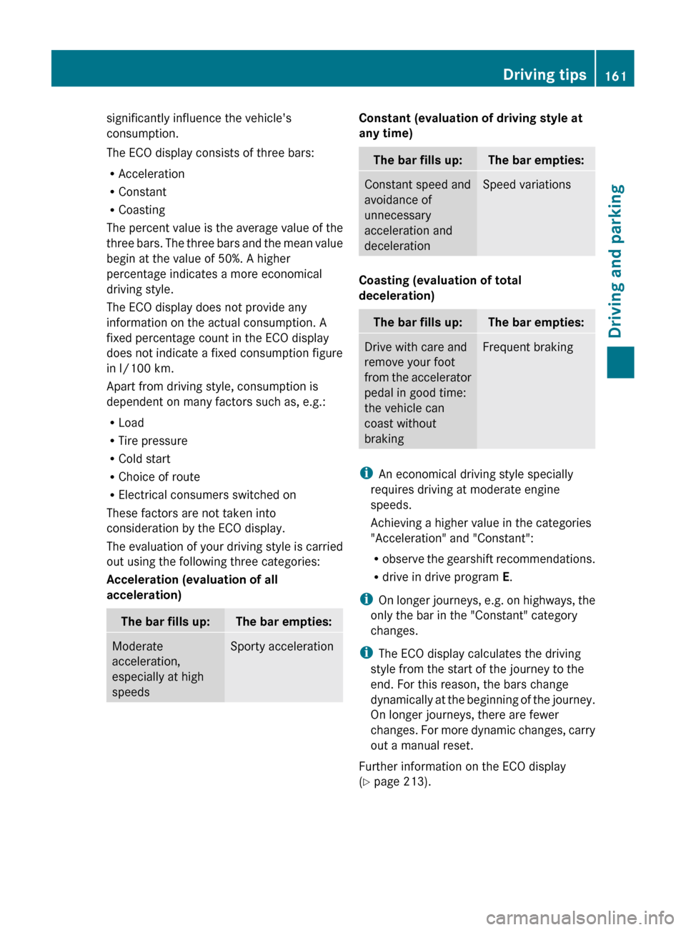 MERCEDES-BENZ CLS-Class 2013 W218 Owners Manual significantly influence the vehicles
consumption.
The ECO display consists of three bars:
R
Acceleration
R Constant
R Coasting
The 
percent value is the average value of the
three bars. The three bar