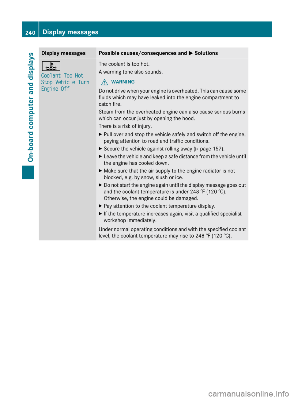 MERCEDES-BENZ CLS-Class 2013 W218 Owners Manual Display messages Possible causes/consequences and 
M Solutions?
Coolant Too Hot 
Stop Vehicle Turn 
Engine Off The coolant is too hot.
A warning tone also sounds.
G WARNING
Do not drive when your engi