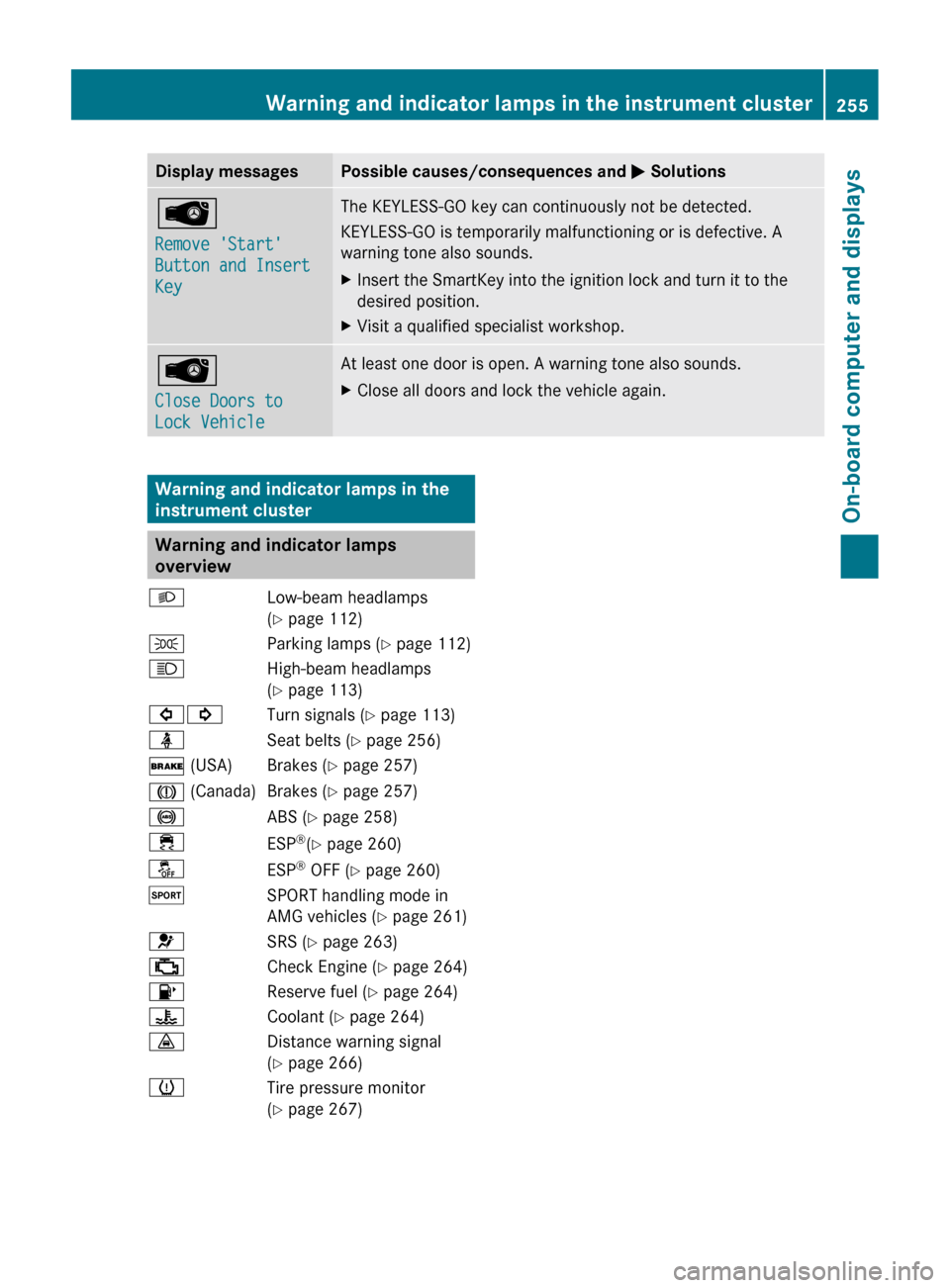 MERCEDES-BENZ CLS-Class 2013 W218 Owners Manual Display messages Possible causes/consequences and 
M SolutionsÂ
Remove Start 
Button and Insert 
Key The KEYLESS-GO key can continuously not be detected.
KEYLESS-GO is temporarily malfunctioning or