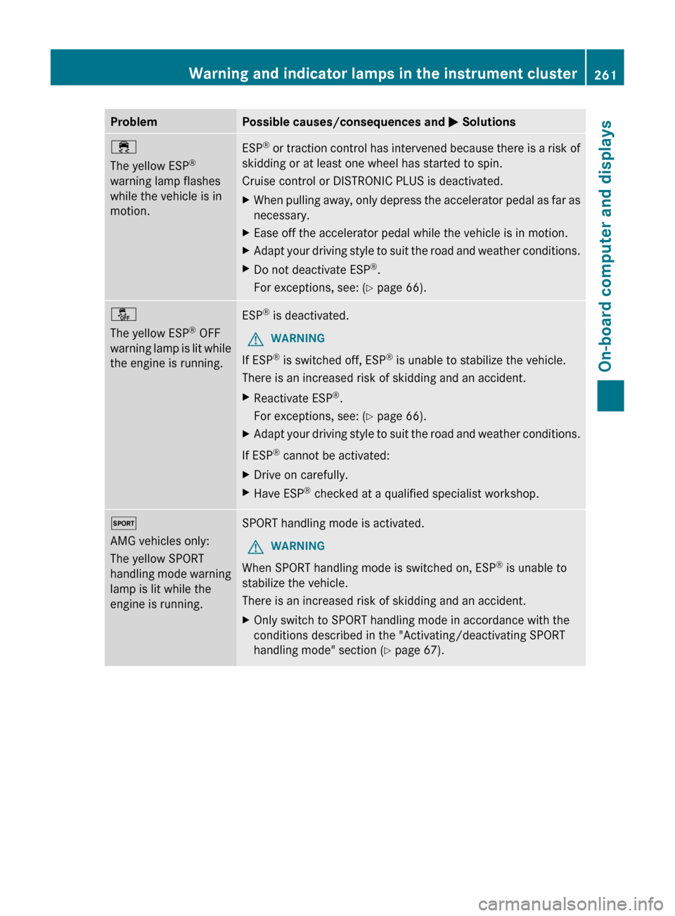 MERCEDES-BENZ CLS-Class 2013 W218 Owners Guide Problem Possible causes/consequences and 
M Solutions÷
The yellow ESP
®
warning lamp flashes
while the vehicle is in
motion. ESP
®
 or traction control has intervened because there is a risk of
ski