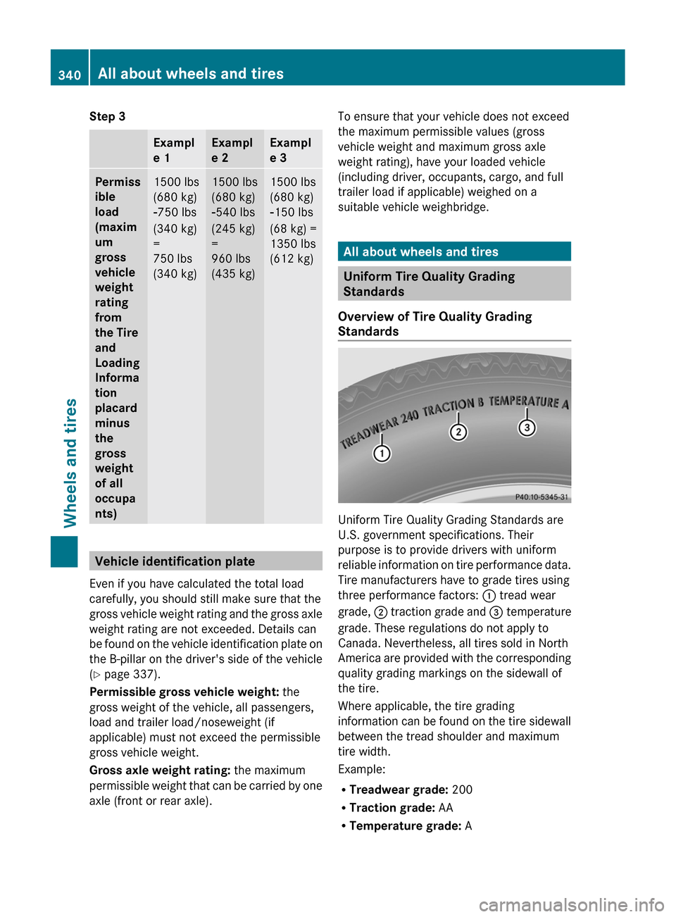 MERCEDES-BENZ CLS-Class 2013 W218 Owners Manual Step 3
Exampl
e 1 Exampl
e 2 Exampl
e 3
Permiss
ible
load
(maxim
um
gross
vehicle
weight
rating
from
the Tire
and
Loading
Informa
tion
placard
minus
the
gross
weight
of all
occupa
nt MERCEDES-BENZ CLS-Class 2013 W218 Owners Manual Step 3
Exampl
e 1 Exampl
e 2 Exampl
e 3
Permiss
ible
load
(maxim
um
gross
vehicle
weight
rating
from
the Tire
and
Loading
Informa
tion
placard
minus
the
gross
weight
of all
occupa
nt